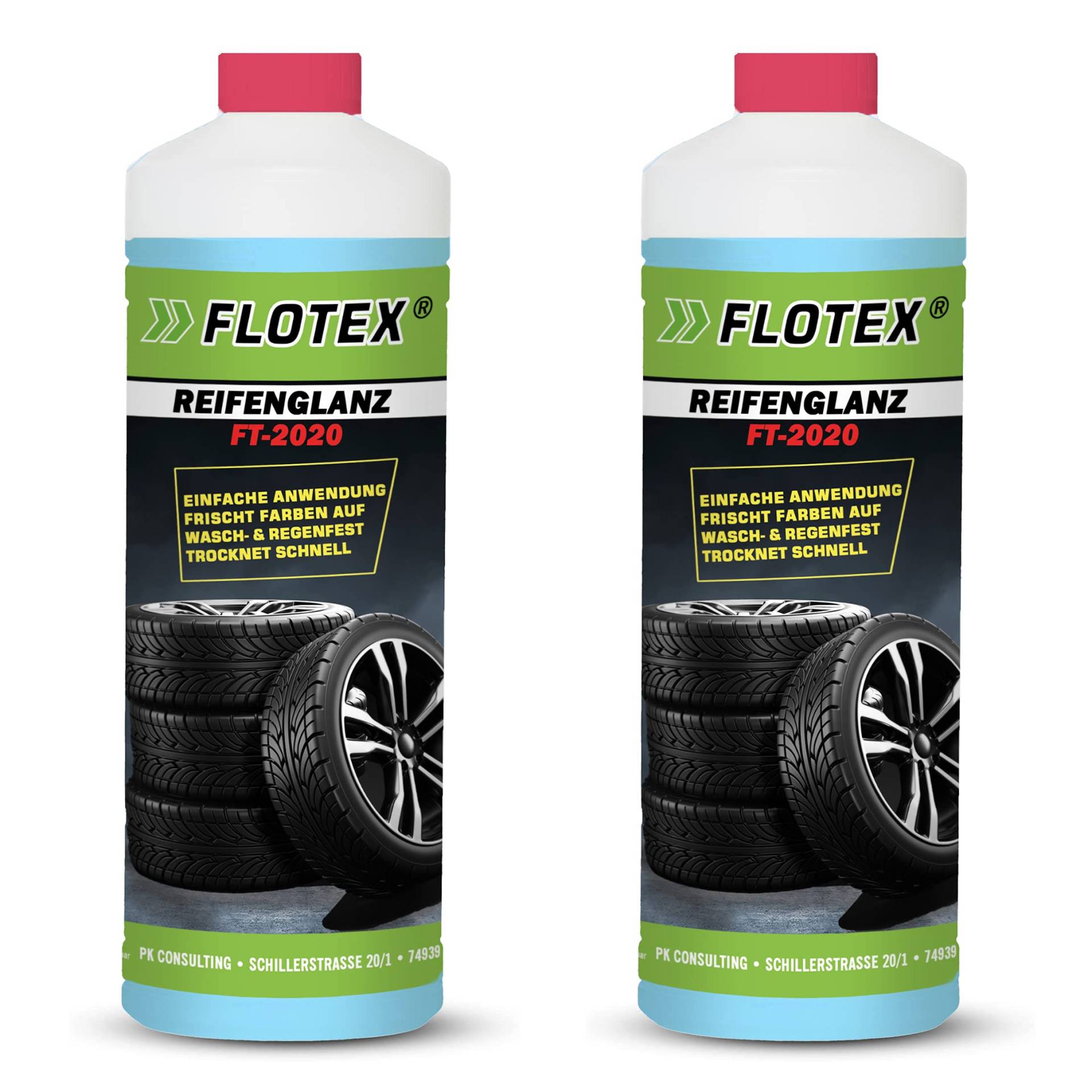 Flotex® 2 x 1L Reifenglanz - Auto Kunststoffpflege & Gummipflege für Außen - Schwarz - Reifenpflege für Reifenglanz - Autoreifen Pflege und Reifen Reiniger - Reifenschwarz Auto von Flotex