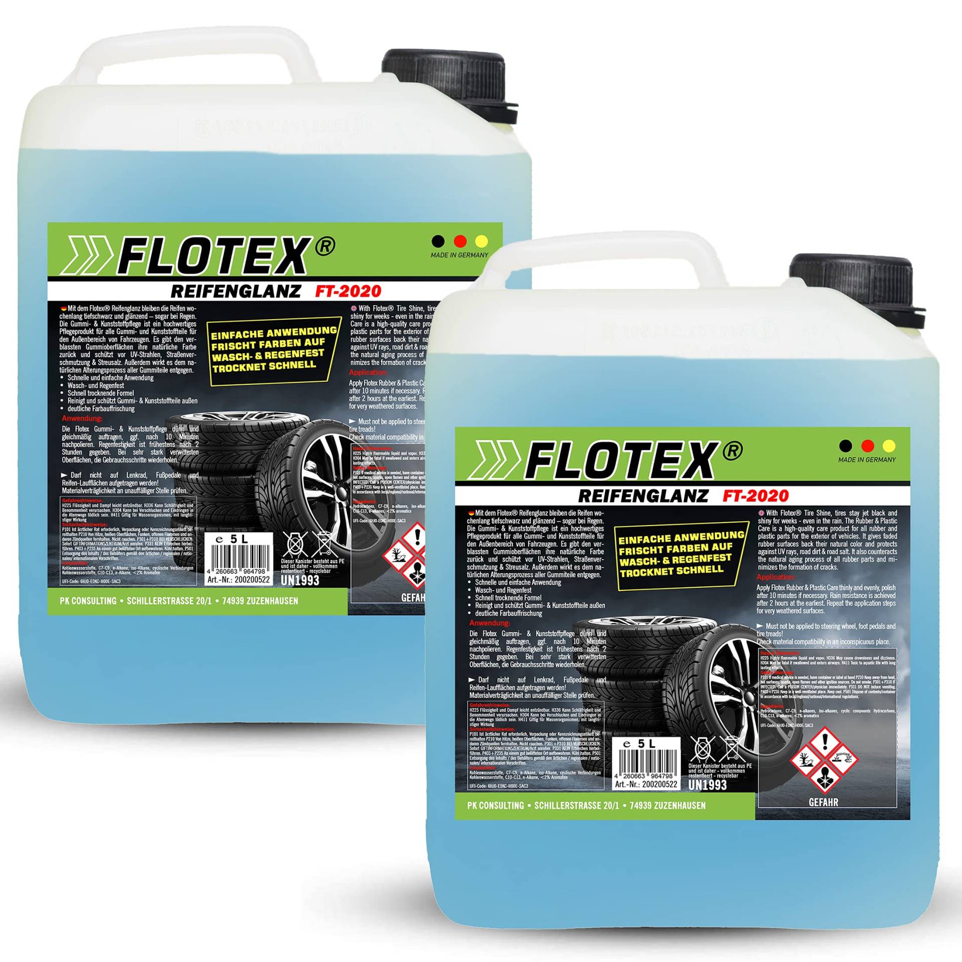 Flotex® 2 x 5L Reifenglanz - Auto Kunststoffpflege & Gummipflege für Außen - Schwarz - Reifenpflege für Reifenglanz - Autoreifen Pflege und Reifen Reiniger - Reifenschwarz Auto von Flotex