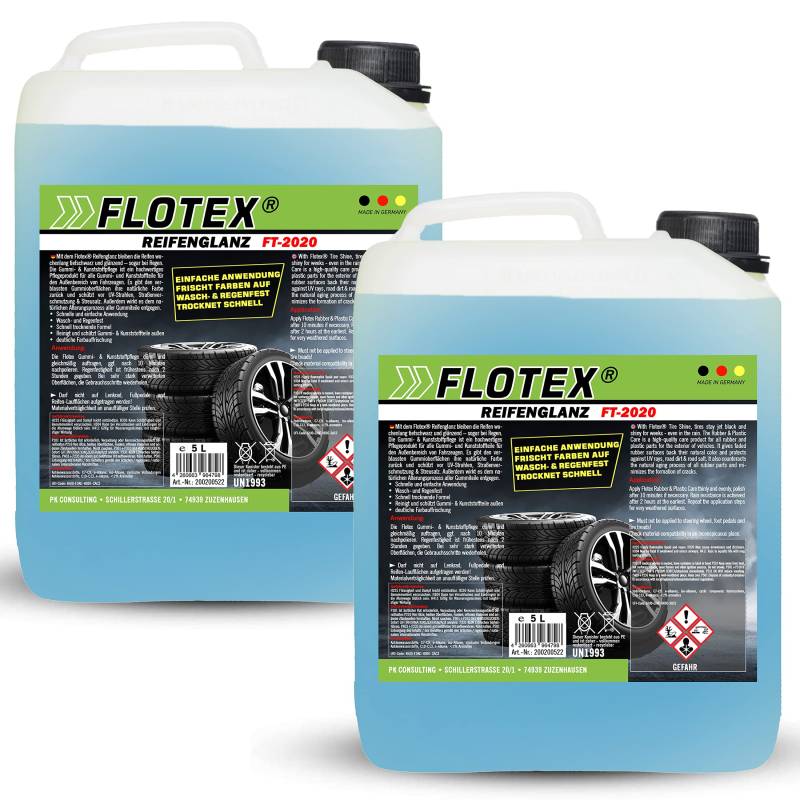 Flotex® 2 x 5L Reifenglanz - Auto Kunststoffpflege & Gummipflege für Außen - Schwarz - Reifenpflege für Reifenglanz - Autoreifen Pflege und Reifen Reiniger - Reifenschwarz Auto von Flotex