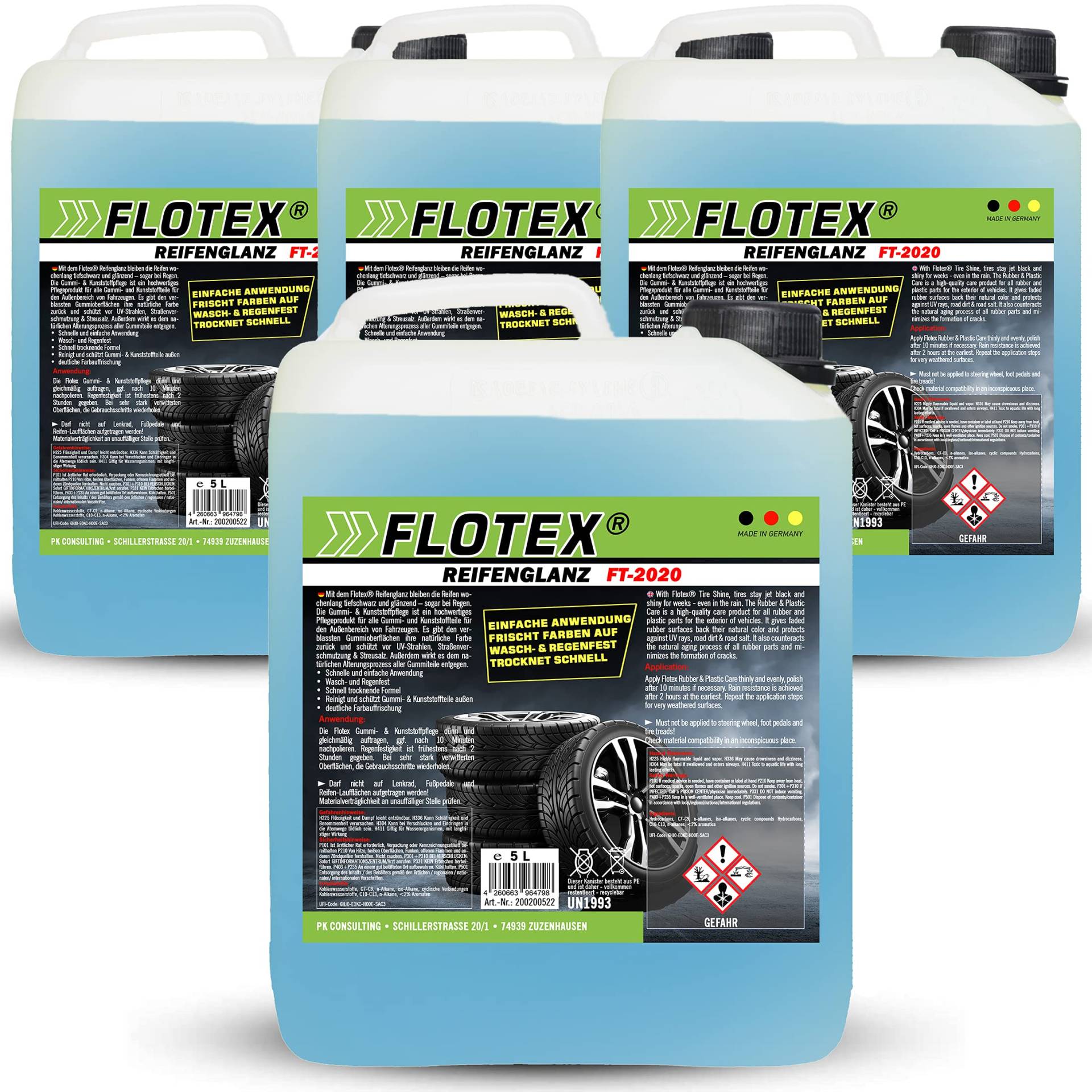 Flotex® 4 x 5L Reifenglanz - Auto Kunststoffpflege & Gummipflege für Außen - Schwarz - Reifenpflege für Reifenglanz - Autoreifen Pflege und Reifen Reiniger - Reifenschwarz Auto von Flotex