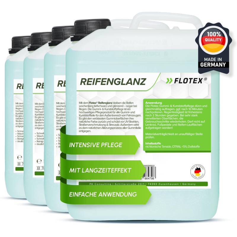 Flotex® 4 x 5L Reifenglanz - Auto Kunststoffpflege & Gummipflege für Außen - Schwarz - Reifenpflege für Reifenglanz - Autoreifen Pflege und Reifen Reiniger - Reifenschwarz Auto von Flotex