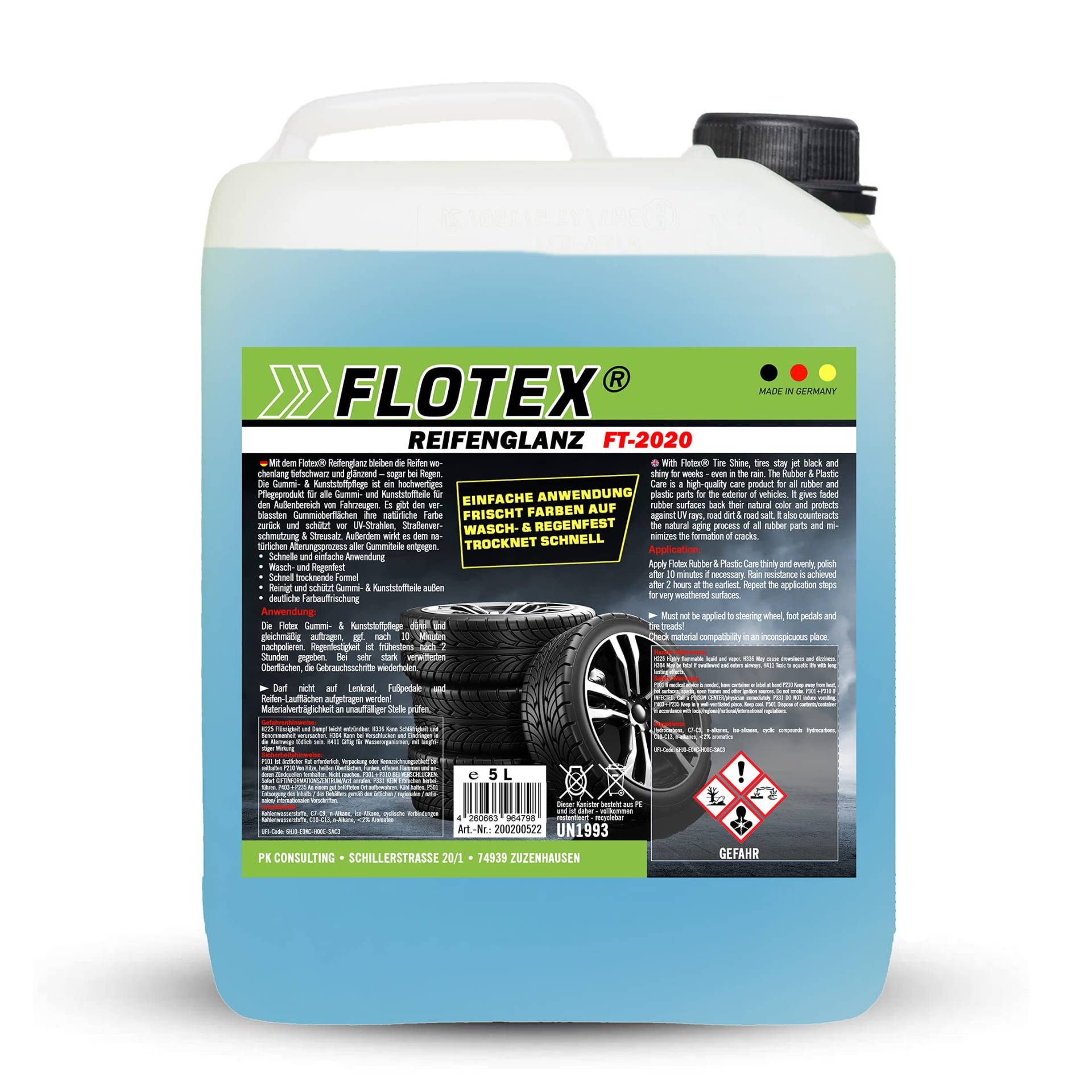 Flotex® 5L Reifenglanz - Auto Kunststoffpflege & Gummipflege für Außen - Schwarz - Reifenpflege für Reifenglanz - Autoreifen Pflege und Reifen Reiniger - Reifenschwarz Auto von Flotex