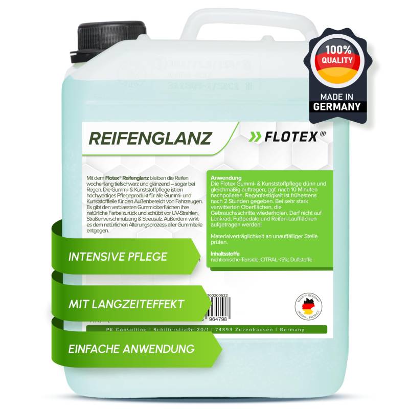 Flotex® 5L Reifenglanz - Auto Kunststoffpflege & Gummipflege für Außen - Schwarz - Reifenpflege für Reifenglanz - Autoreifen Pflege und Reifen Reiniger - Reifenschwarz Auto von Flotex