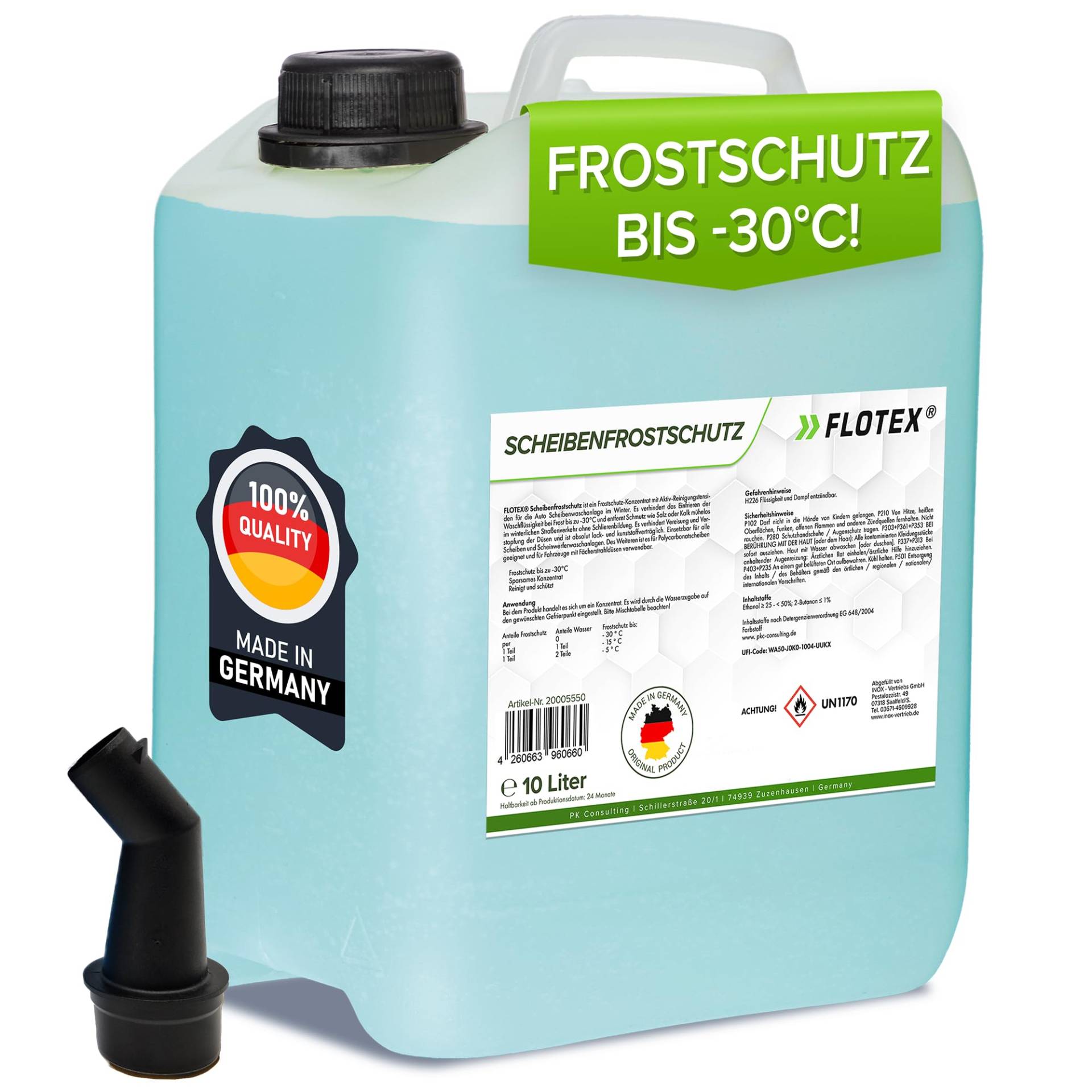 Flotex® Scheibenfrostschutz Konzentrat 10L – Hocheffektiver Scheibenwasser Frostschutz bis -30°C – Absolut rein & schlierenfrei - Sofort mischbereit – Angenehmer Citrusduft von Flotex