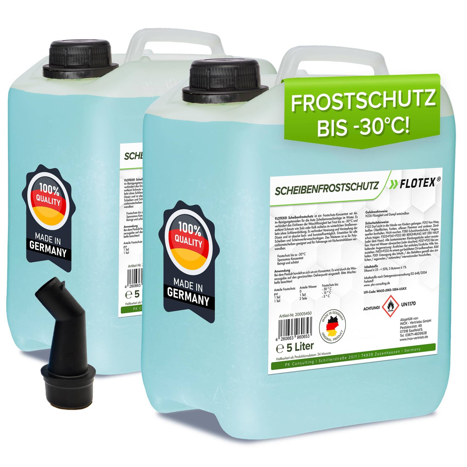 Flotex® Scheibenfrostschutz Konzentrat 2 x 5L – Hocheffektiver Scheibenwasser Frostschutz bis -30°C – Absolut rein & schlierenfrei - Sofort mischbereit – Angenehmer Citrusduft von Flotex