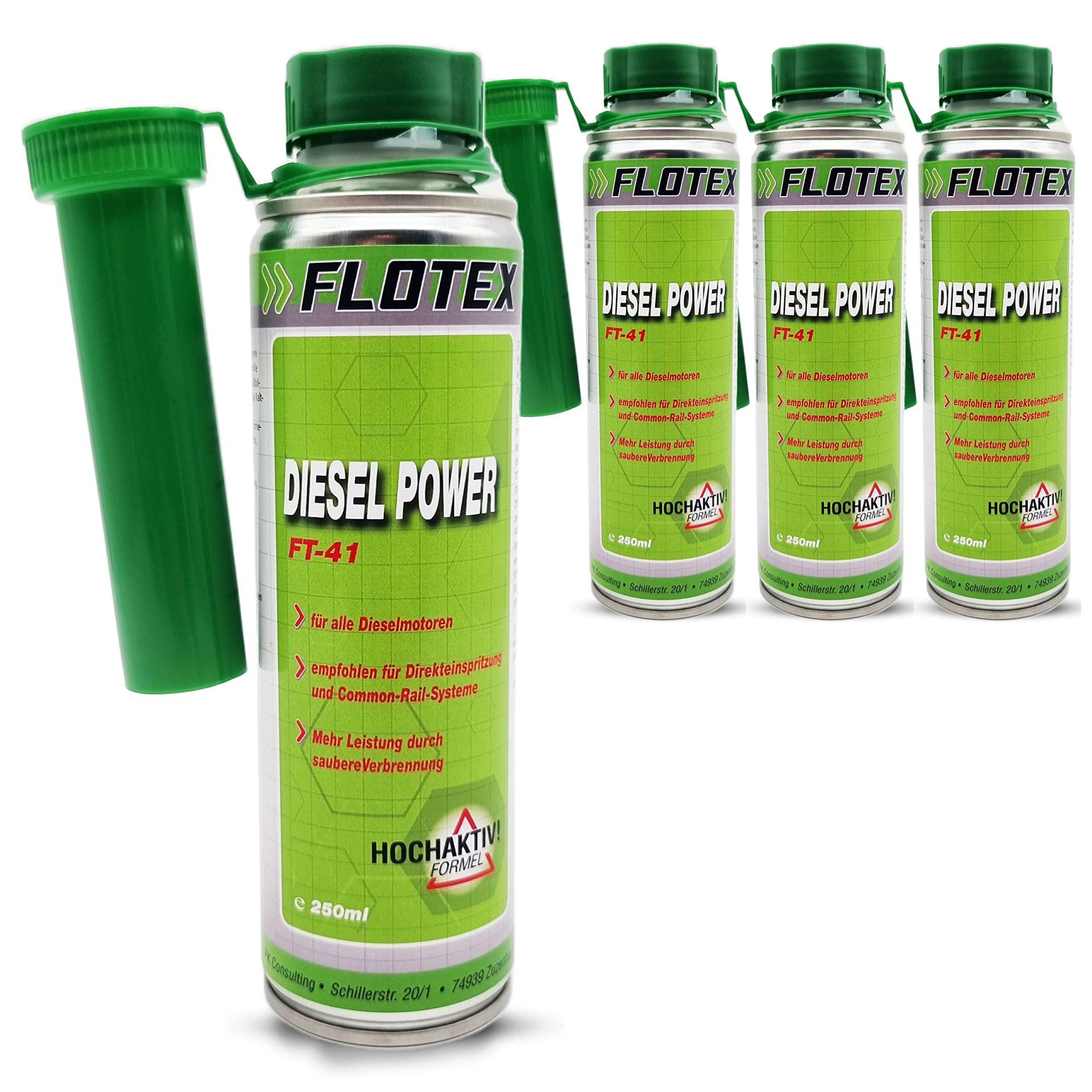 Flotex Diesel Power, 4 x 250ml Additiv Kraftstoffsystemzusatz für alle Dieselmotoren von Flotex