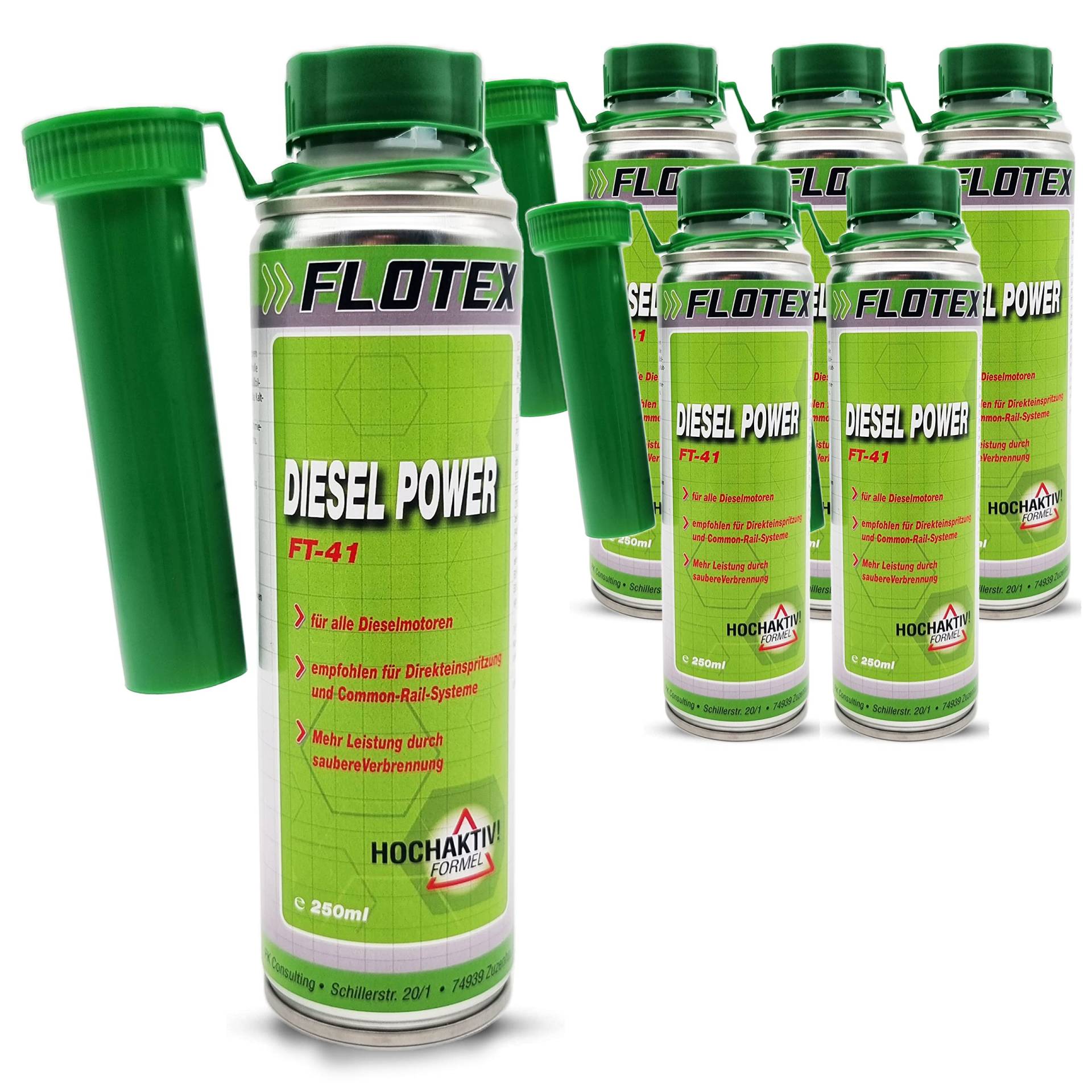 Flotex Diesel Power, 6 x 250ml Additiv Kraftstoffsystemzusatz für alle Dieselmotoren von Flotex