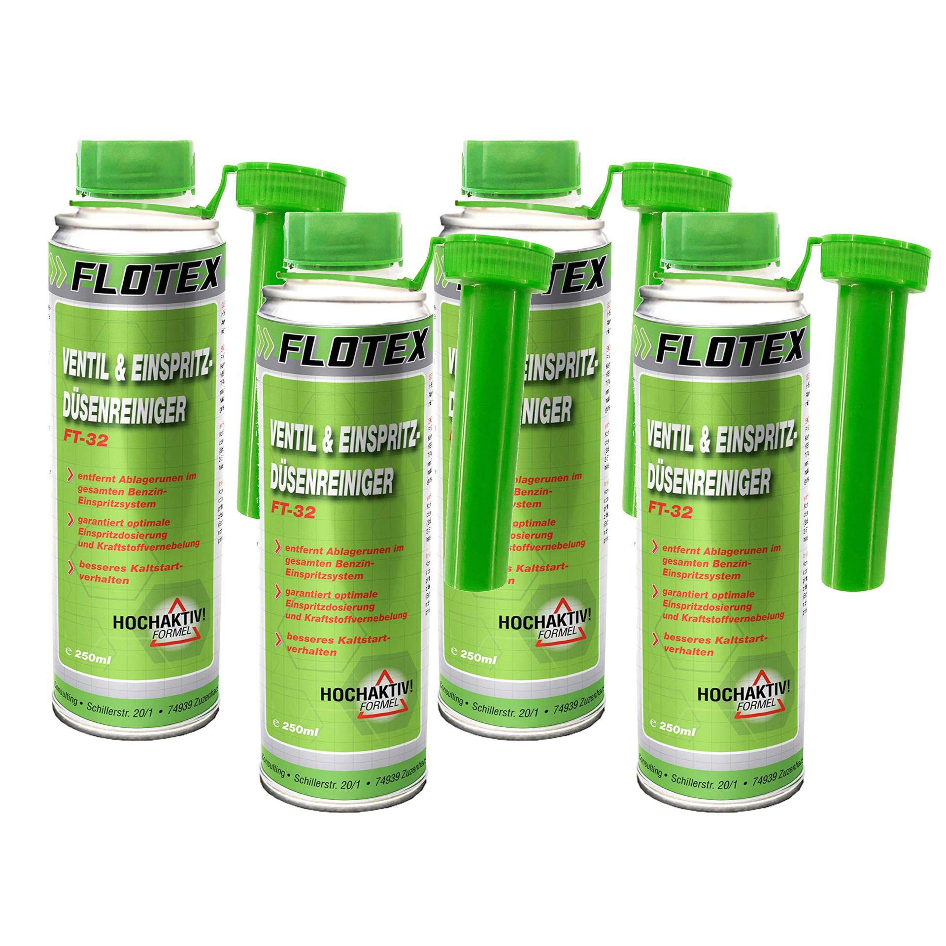 Flotex Ventil & Einspritzdüsenreiniger, 4 x 250ml Additiv entfernt Ablagerungen und reinigt Benzin Einspritzsystem von Flotex