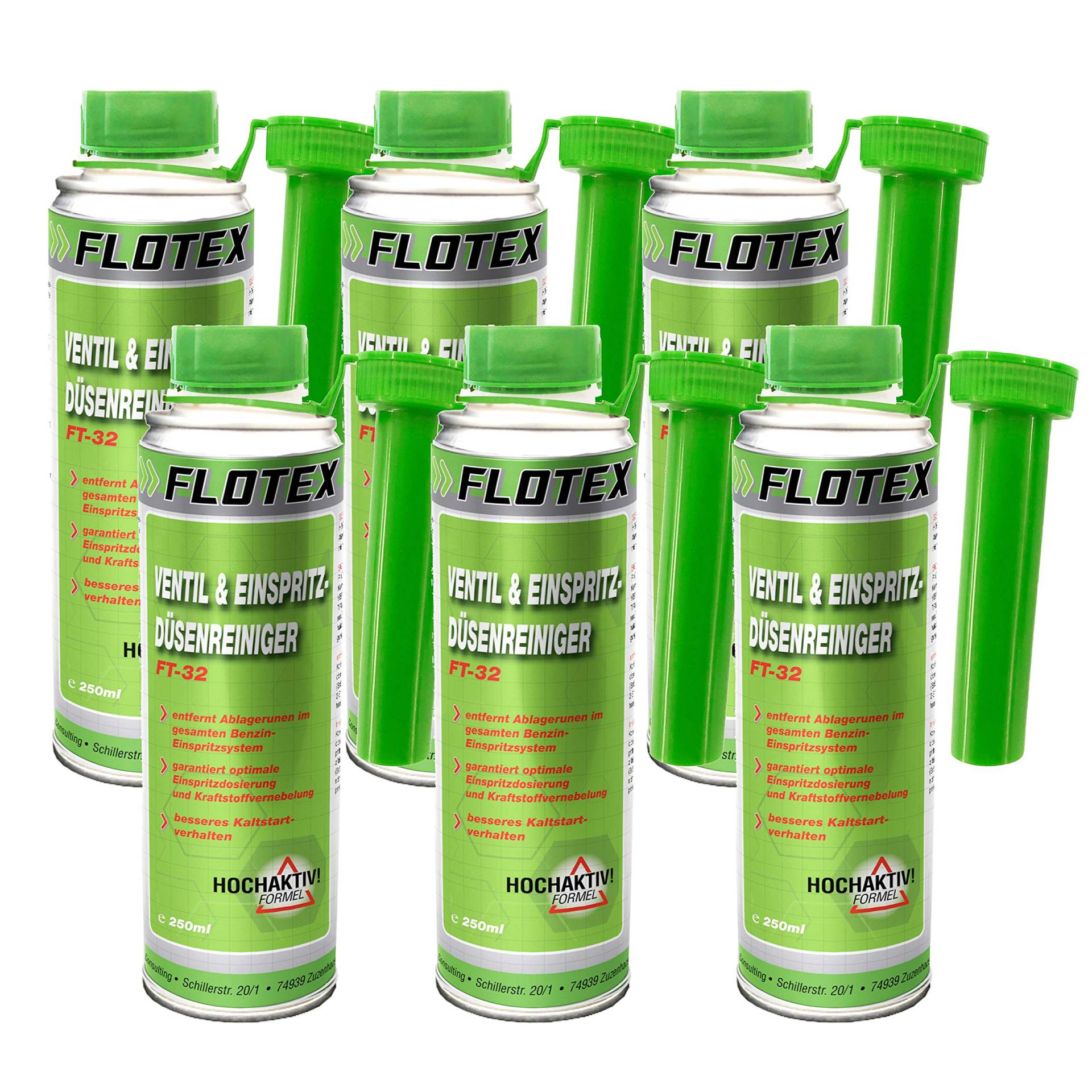 Flotex Ventil & Einspritzdüsenreiniger, 6 x 250ml Additiv entfernt Ablagerungen und reinigt Benzin Einspritzsystem von Flotex