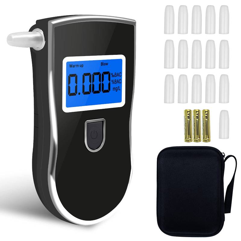 Flyhood Alkohol Alkoholtester, Tragbarer Digitaler Alkoholtester mit 16 Mundstücken Halbleitersensor, LCD-Display mit blauem Hintergrundlicht für Nachtlesung von Flyhood