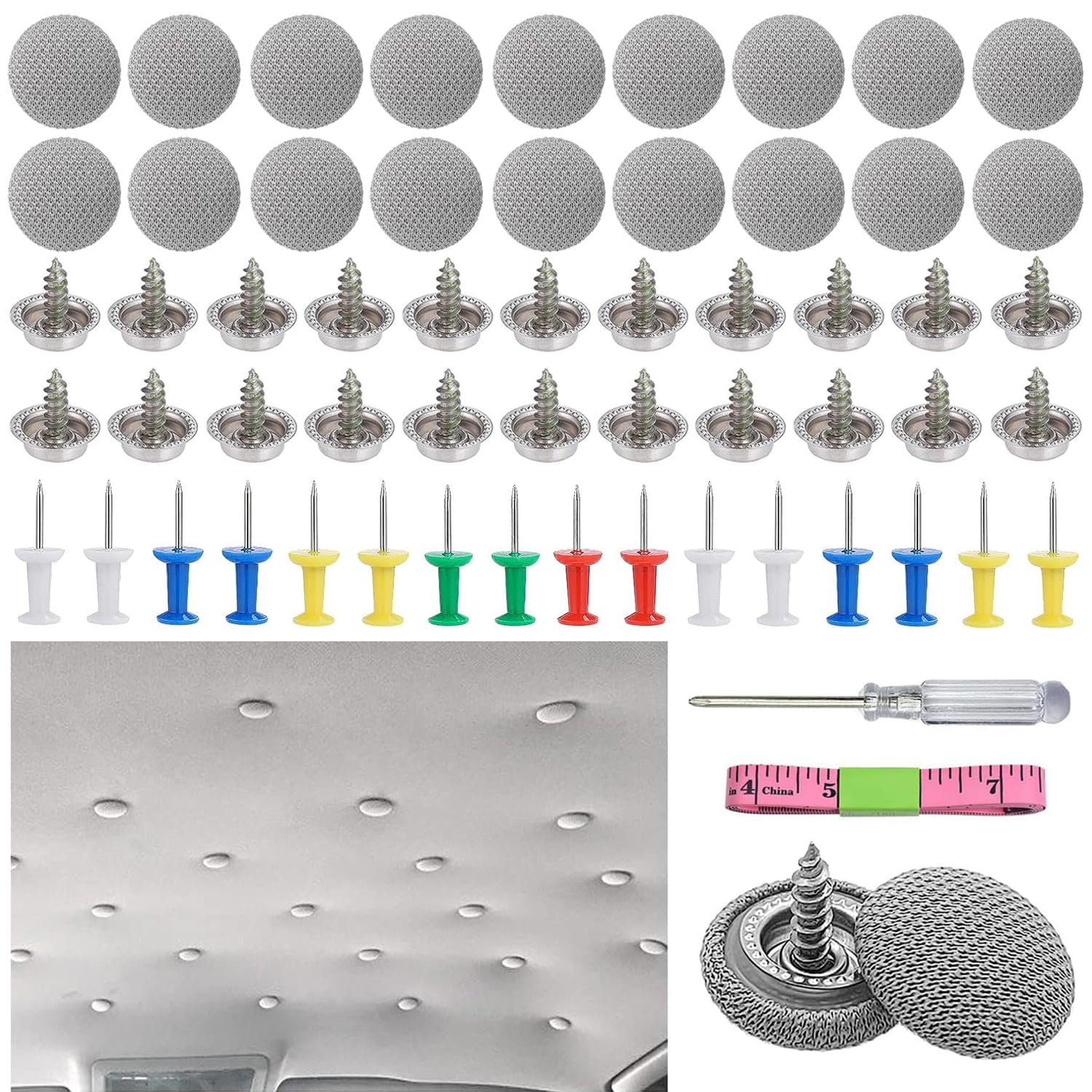 Flyicloud 80 Stück Dachhimmel Reparatur Set, KFZ Reparatur Nieten, Universal Auto Dach Nieten mit 80 Stecknadeln 1 Schraubendreher 1 Maßband, Autohimmel Reparieren für Alle Autos von Flyicloud