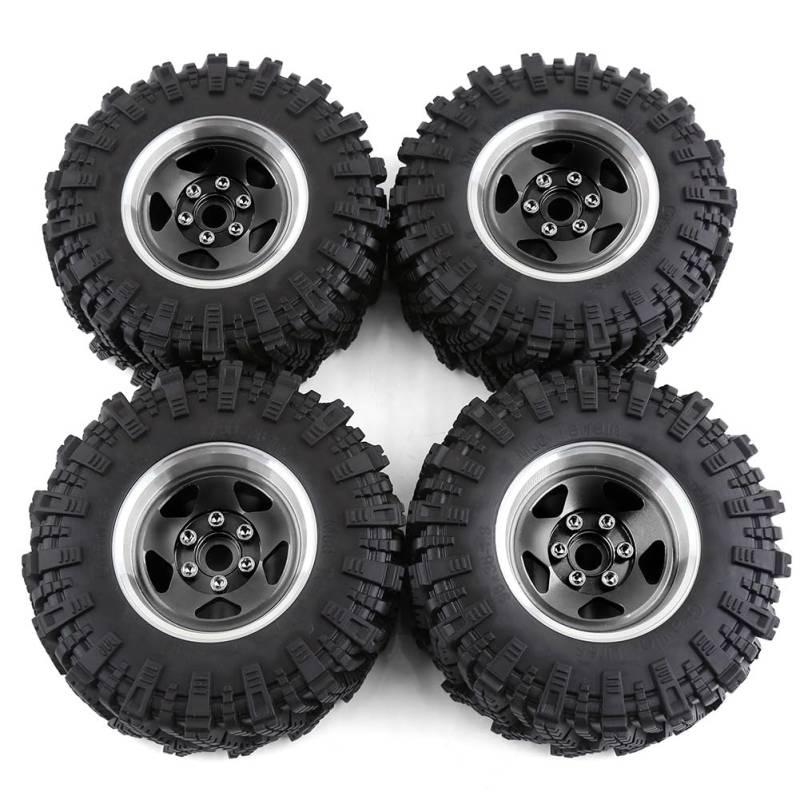 Fnfhsa 4 Stück 98 mm Metall 1,9 Beadlock Felgen Gummireifensatz für 1/10 RC Crawler Auto TRX4 D90 für Axial SCX10 II III Schwarz von Fnfhsa