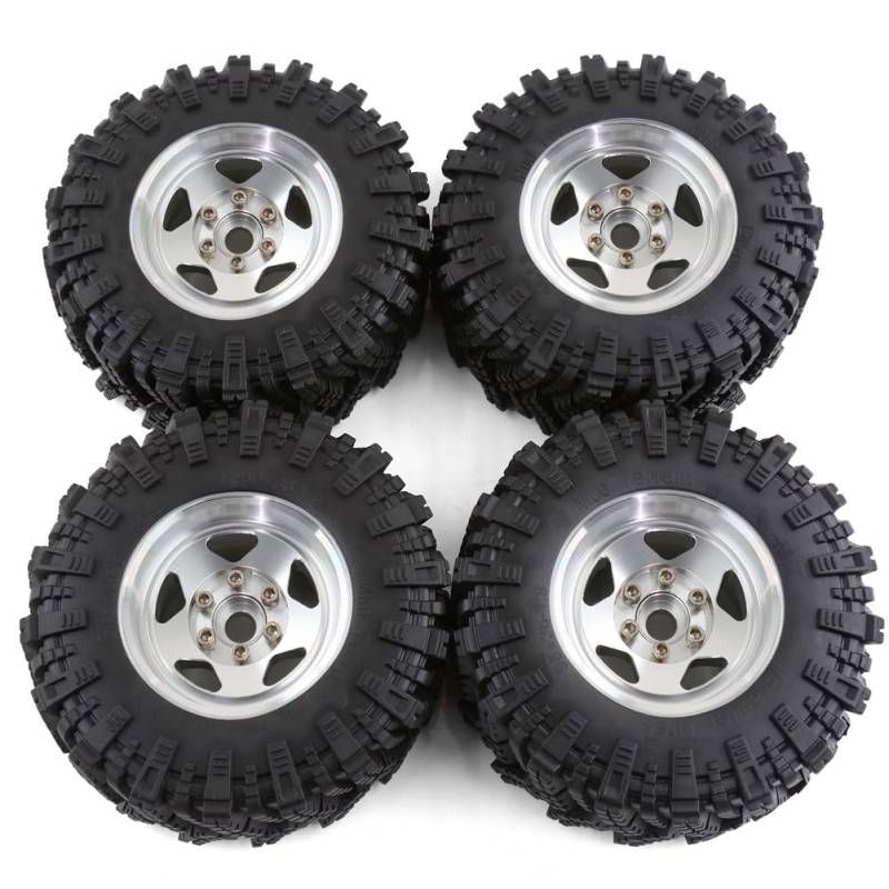 Fnfhsa 4 Stück 98 mm Metall 1,9 Beadlock-Felgengummireifensatz für 1/10 RC Crawler Car TRX4 D90 für Axial SCX10 II III Silber von Fnfhsa
