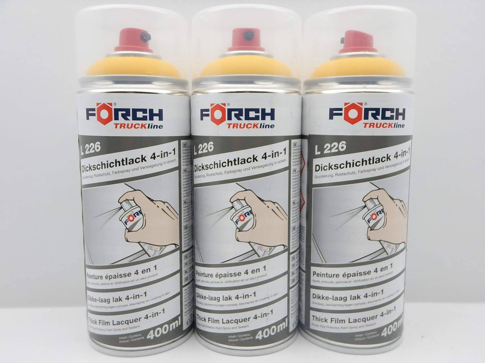 FORCH 4 in 1 Komatsu Natur GELB BAUMASCHINE DICKSCHICHTLACK Lack Spray SPRAYDOSE 400ML (3) von FORCH