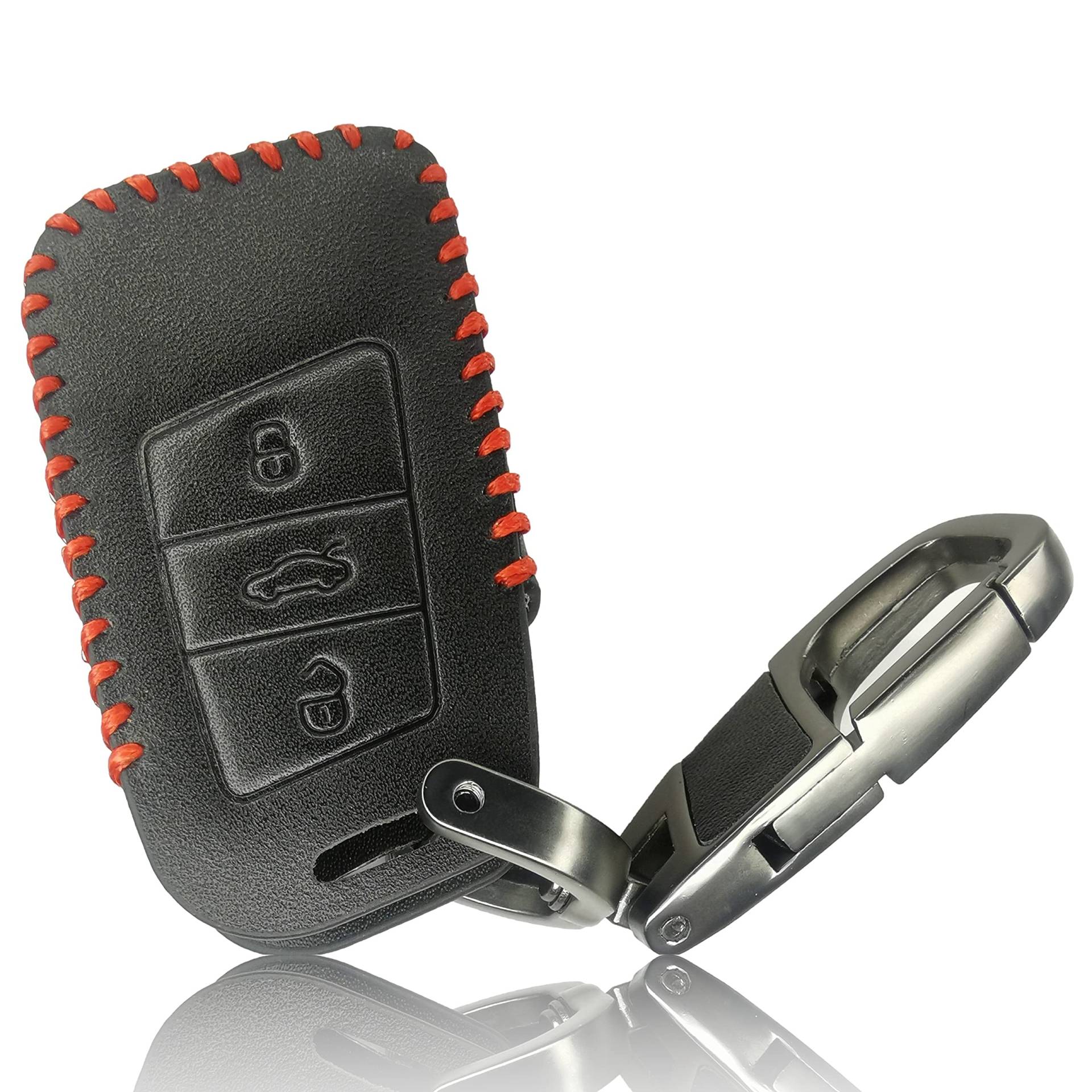 FOAMO Autoschlüssel Hülle kompatibel mit VW Skoda Seat 3-Tasten (nur Keyless-Go) - Leder Schutzhülle Cover Schlüssel-Hülle in Schwarz Rot von FOAMO