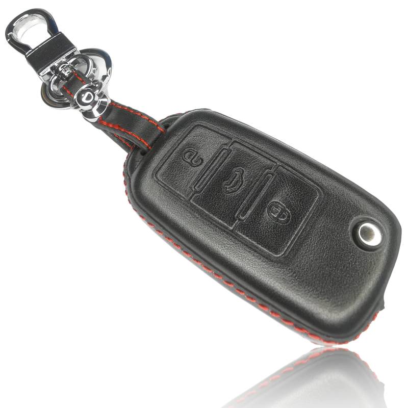 FOAMO Autoschlüssel Hülle kompatibel mit VW Skoda Seat 3-Tasten - Leder Schutzhülle Cover Schlüssel-Hülle in Schwarz Rot 4D von FOAMO