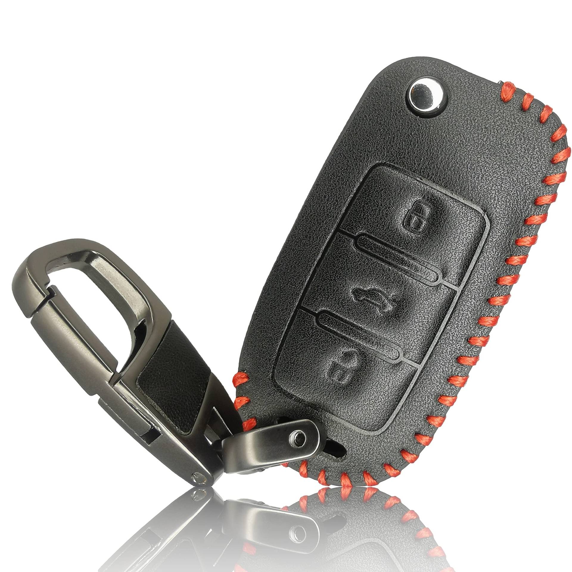FOAMO Autoschlüssel Hülle kompatibel mit VW Skoda Seat 3-Tasten - Leder Schutzhülle Cover Schlüssel-Hülle in Schwarz Rot von FOAMO