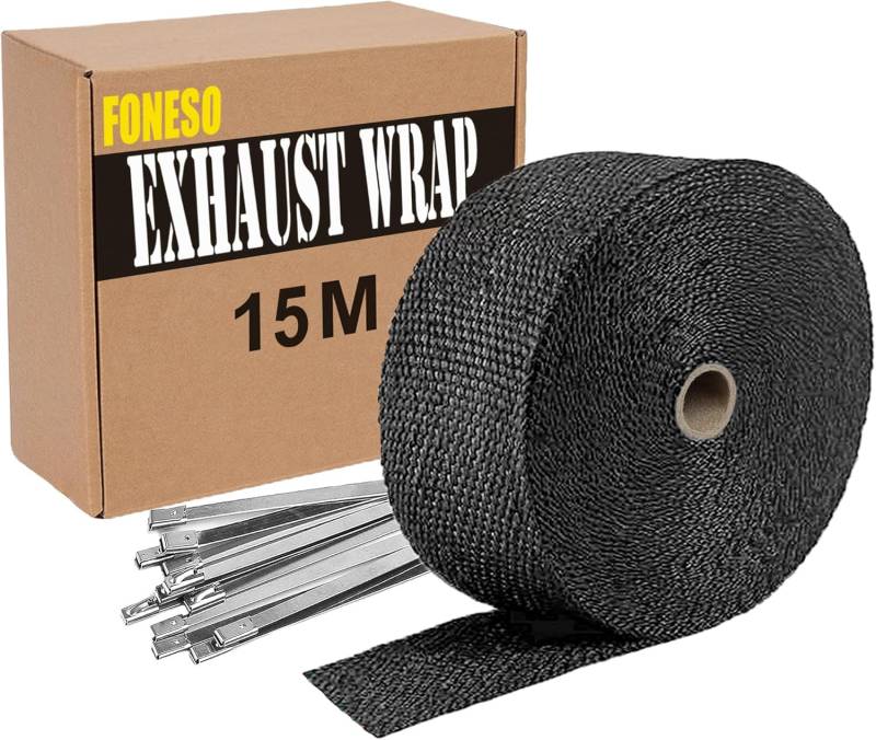 15M Hitzeschutzband Auspuff,Foneso auspuffband,Hitzeschutz Auspuff Bandage,Schwarz Hitzeschutzband mit 12 Kabelbinder Edelstahl,für Motorrad Fächerkrümmer Thermoband Krümmerband von Foneso