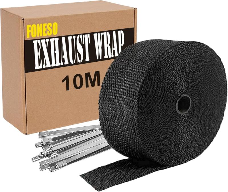 Hitzeschutzband Auspuff, Foneso 10M Schwarz Hitzeschutzband mit 10 Kabelbinder Edelstahl, für Motorrad Fächerkrümmer Thermoband Krümmerband von Foneso