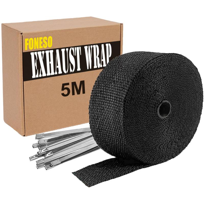 5M Hitzeschutzband Auspuff,Foneso auspuffband,Hitzeschutz Auspuff Bandage,Schwarz Hitzeschutzband mit 10 Kabelbinder Edelstahl,für Motorrad Fächerkrümmer Thermoband Krümmerband von Foneso