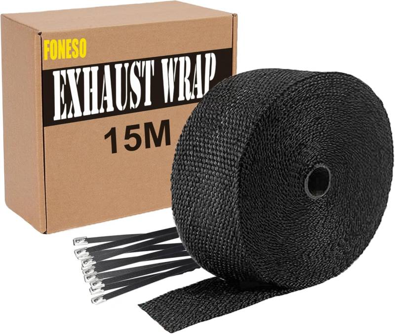 15M Hitzeschutzband Auspuff,Foneso auspuffband,Hitzeschutz Auspuff Bandage,Schwarz Hitzeschutzband mit 12 Schwarz Kabelbinder Edelstahl,für Motorrad Fächerkrümmer Thermoband Krümmerband von Foneso