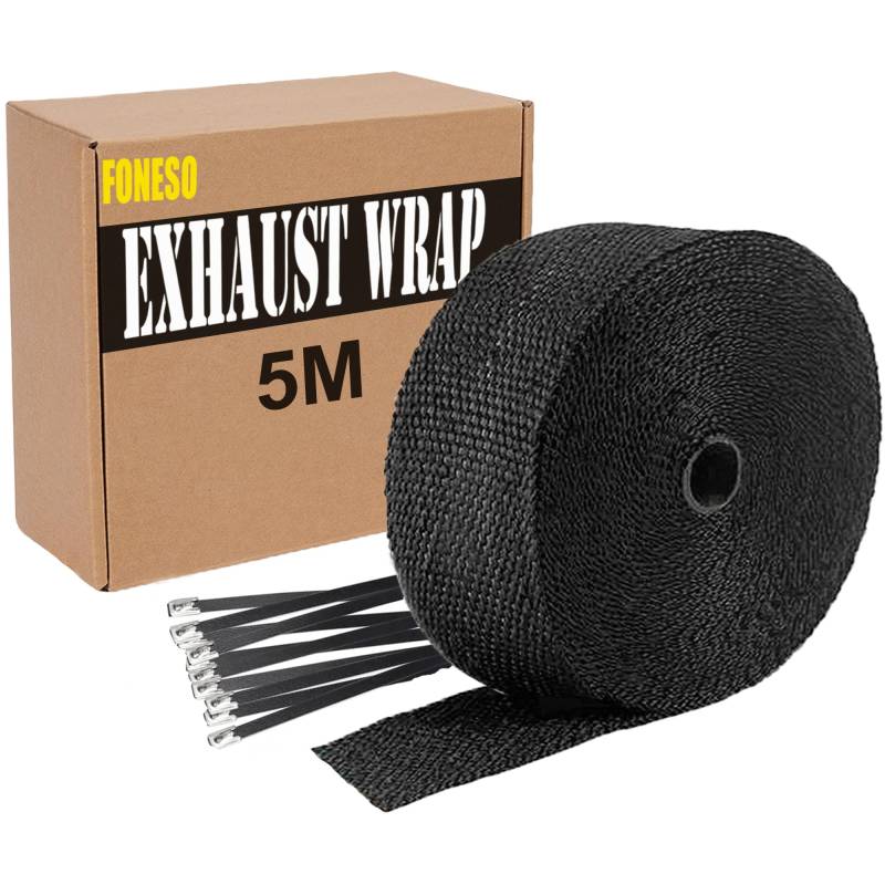 5M Hitzeschutzband Auspuff,Foneso auspuffband,Hitzeschutz Auspuff Bandage,Schwarz Hitzeschutzband mit 10 Schwarz Kabelbinder Edelstahl,für Motorrad Fächerkrümmer Thermoband Krümmerband von Foneso