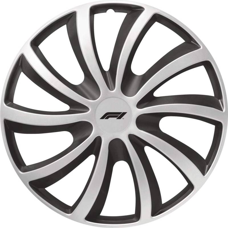 Formula 1 Radzierblenden, Radkappen, 15 Zoll (38,1 cm), Schwarz/Silber, 4 Stück, 3-fach lackiert, mit Haltering, im sportlichen Look von Formula 1