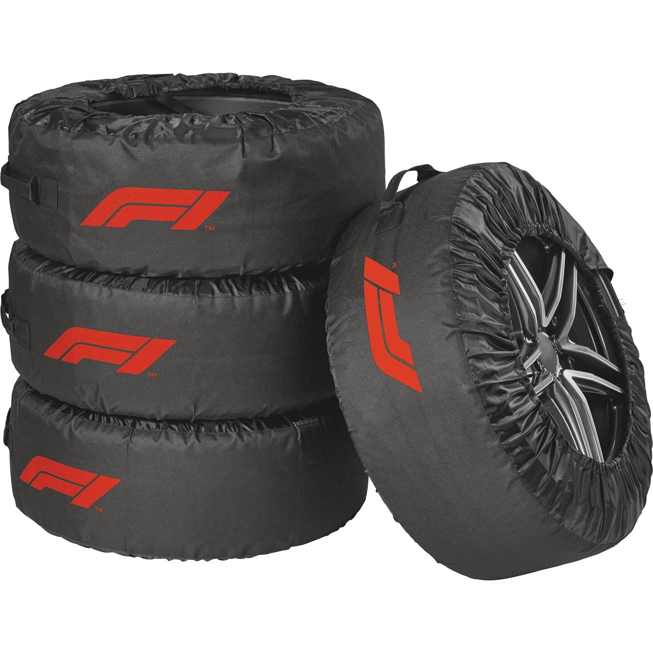 Formula 1 Reifentaschen-Set, Reifenschutzhülle, 4-teilig, wasserabweisend, waschbar, schwarz-rot, für sauberen Transport und sichere Aufbewahrung von Formula 1