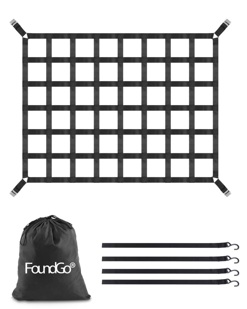 FoundGo Gepäcknetz für Pickup LKW Ladefläche [167x127cm 4.6cm Bandbreite] Schwerlast Anhängernetz Reißfest Heckklappe Frachtnetz Verstellbar für Pickup LKW Anhänger inkl. 4X Festen Gurten von FoundGo