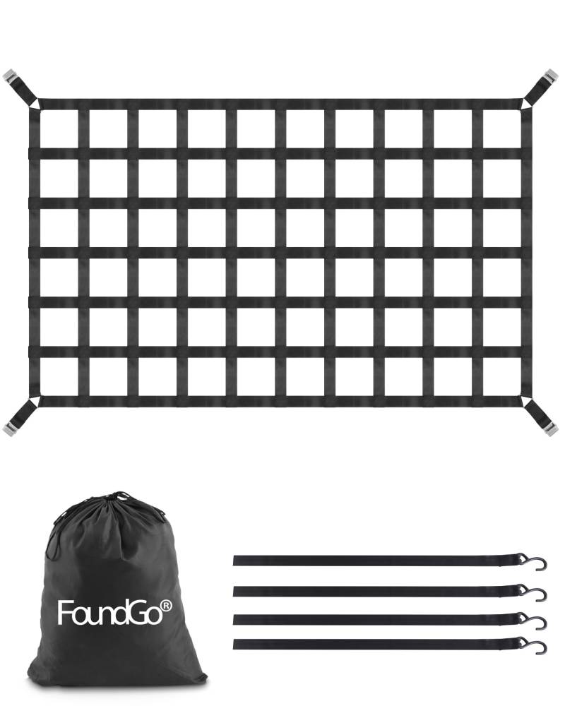 FoundGo Gepäcknetz für Pickup LKW Ladefläche [208x127cm 4.6cm Bandbreite] Schwerlast Anhängernetz Reißfest Heckklappe Frachtnetz Verstellbar für Pickup LKW Anhänger inkl. 4X Festen Gurten von FoundGo