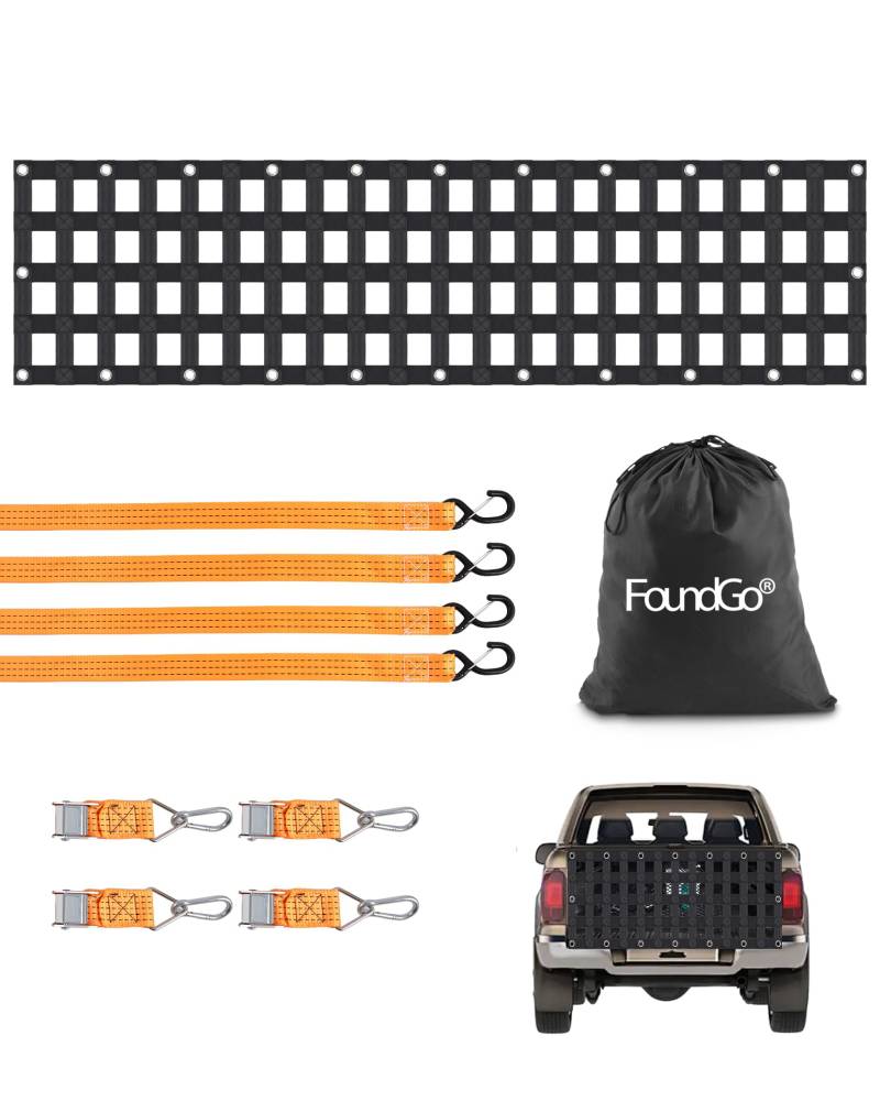 FoundGo Gepäcknetz für Pickup LKW Ladefläche [50x214cm 4.6cm Bandbreite] Schwerlast Anhängernetz Reißfest Heckklappe Frachtnetz Verstellbar für Pickup LKW Anhänger inkl. 4X Festen Gurten von FoundGo