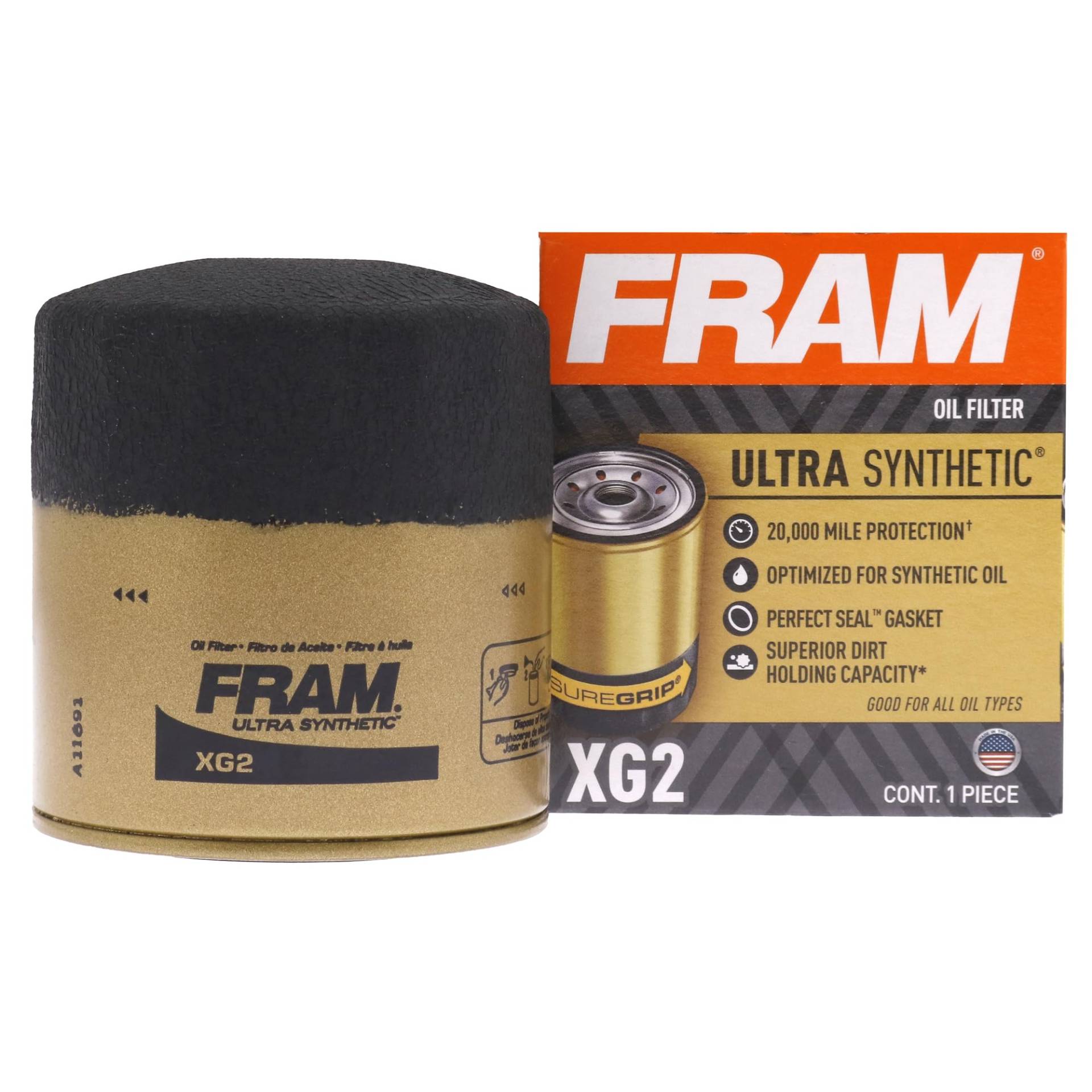 FRAM Ulta Synthetischer Automobil-Ersatz-Ölfilter, entwickelt für synthetischen Ölwechsel, hält bis zu 20 km, XG2 mit SureGrip (1 Stück) von Fram