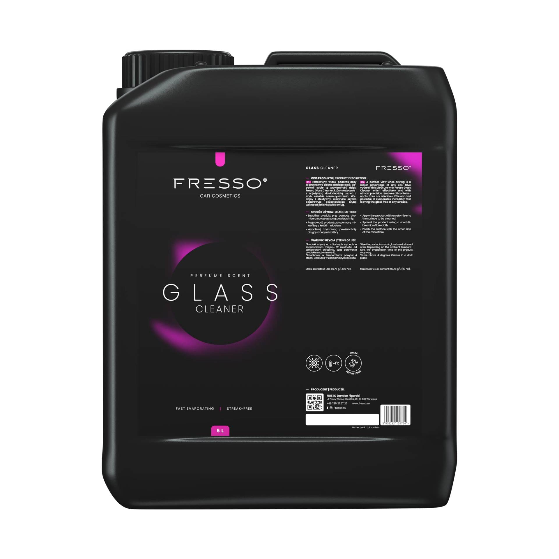 Fresso Premium Glass Cleaner | Auto Glasreiniger - effizient und kraftvoll für streifenfreie Scheiben - Fensterreiniger für Autofenster, Windschutzscheiben (5 Liter) von Fresso