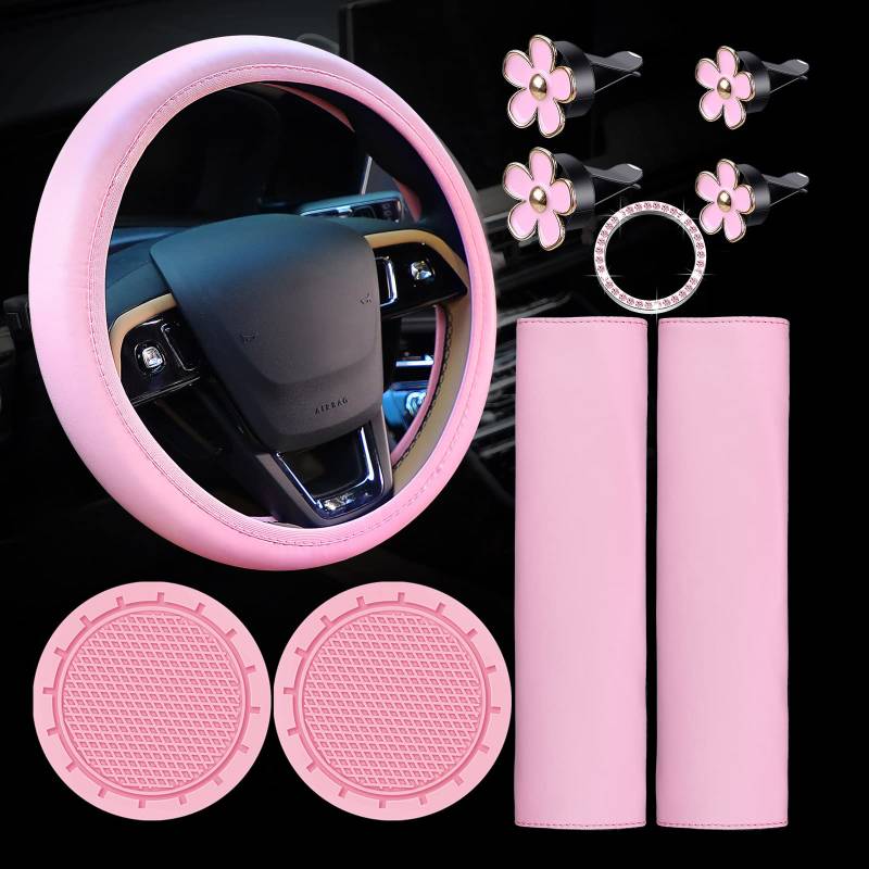 10 Stück Leder Rosa Lenkradbezug für Frauen niedliches Autozubehör Set mit Sicherheitsgurt Schulterpolster Sicherheitsgurtbezüge Bling Untersetzer Startknopf Ring Aufkleber Lüftungsschlitz Clip von Frienda