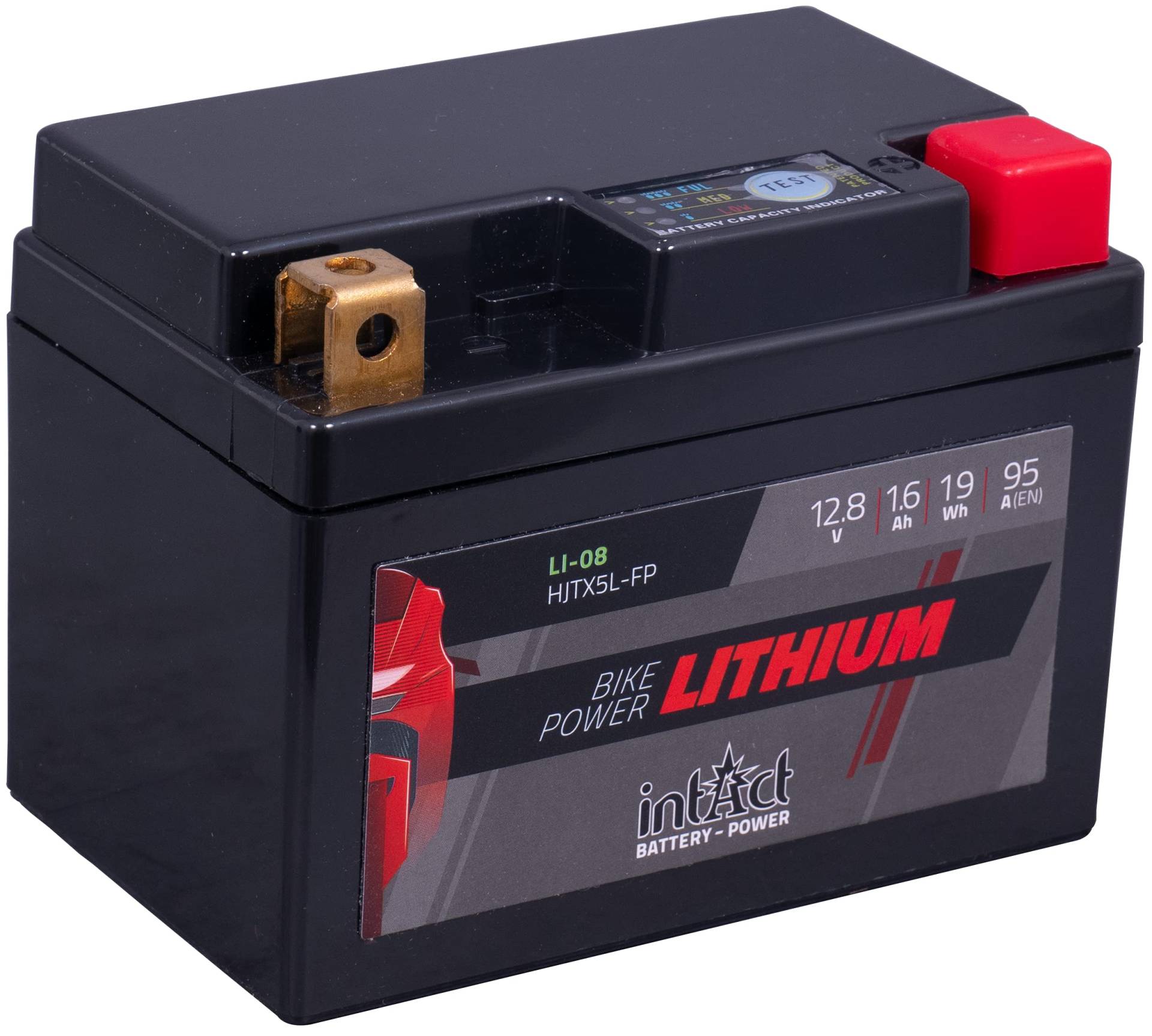 intAct - LITHIUM MOTORRADBATTERIE | Batterie für Roller, Motorrad, Quads uvm. Bis zu 75% Gewichtseinsparung | Bike-Power LI-08, HJTX5L-FP, 12,8V Batterie, 1,6 AH (c10), 19 Wh, 95 A (CCA) | Maße: 113x70x85mm von Intact