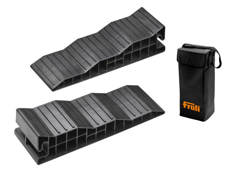 Froli Stufenkeile Auffahrkeile - 2 er Set für Wohnmobil, Reisemobil, Wohnwagen und Camper, Ausgleichskeil Set, 2X Stufenkeil, 1x Keil-Tasche (Farbe SCHWARZ), bis 8000 kg von Froli