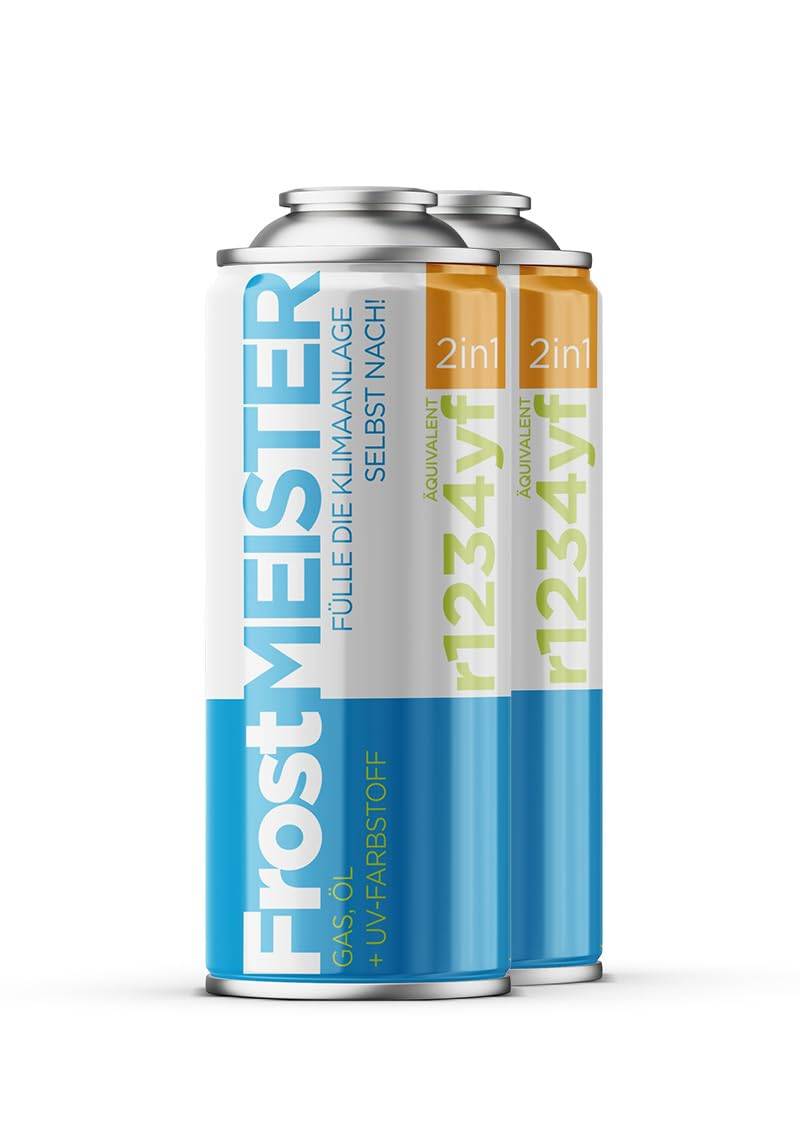 FrostMEISTER 2in1 – 2X 400 ml Auto-Klimaanlagen-Nachfüllset für R1234yf (ab Baujahr 2017) – Schnelle, einfache & umweltfreundliche Auffüllung inkl. Kompressor-Öl, fahrzeugsicher von FrostMEISTER
