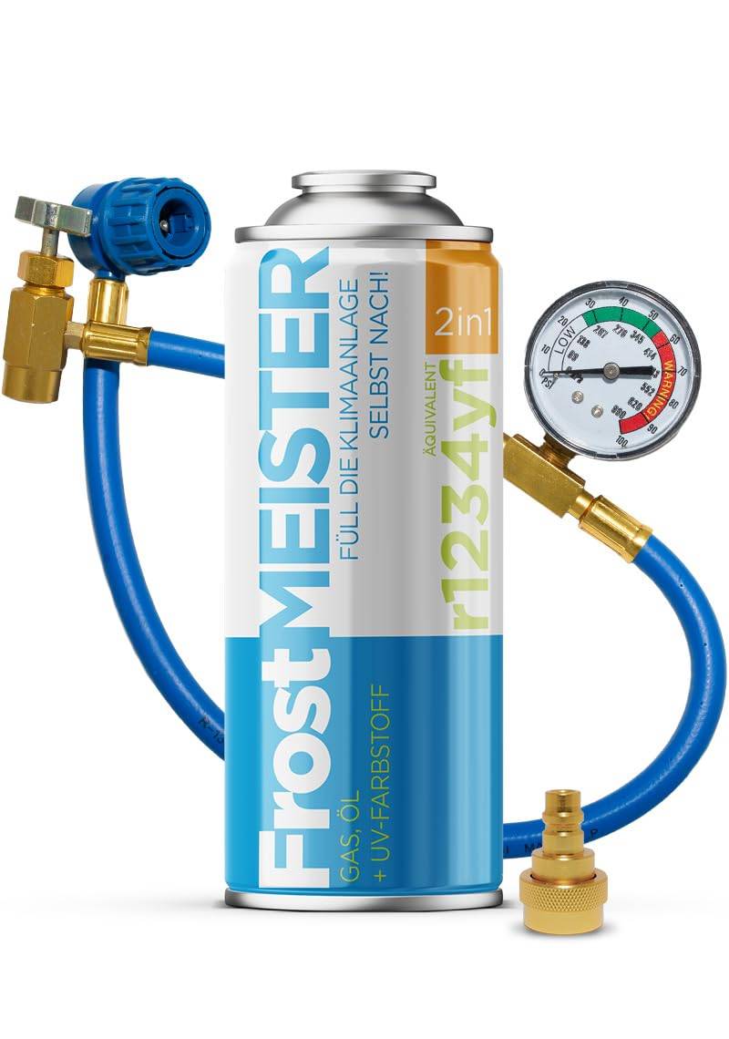 FrostMEISTER 2in1 – 400 ml Auto-Klimaanlagen-Nachfüllset inkl. Schlauch mit Manometer & Adapter – Schnelle & einfache Ersatz für das Kältemittel für R1234yf (ab Baujahr 2017) von FrostMEISTER