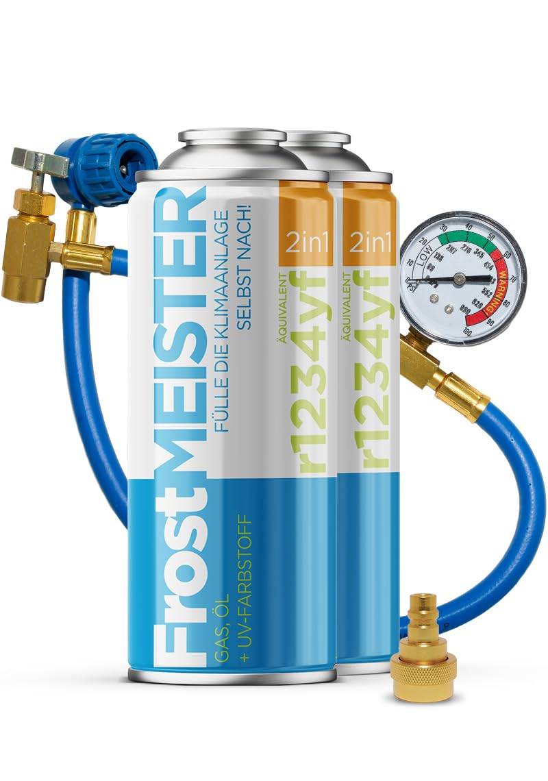 FrostMEISTER 2in1 – Auto-Klimaanlagen-Nachfüllset (2X 400 ml Dose + Schlauch mit Manometer & Adapter) – Für R1234yf (ab Baujahr 2017), schnelle, einfache & umweltfreundliche Anwendung von FrostMEISTER