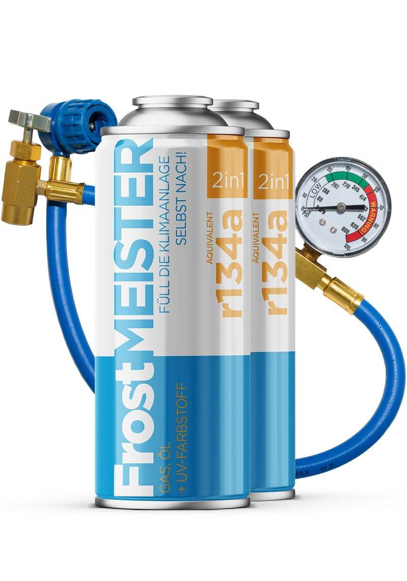 FrostMEISTER 2in1 – Auto-Klimaanlagen-Nachfüllset 2×400 ml inkl. Manometer-Schlauch – Schnelle, einfache & umweltfreundliche Anwendung (R134a, 1995–2016) von FrostMEISTER