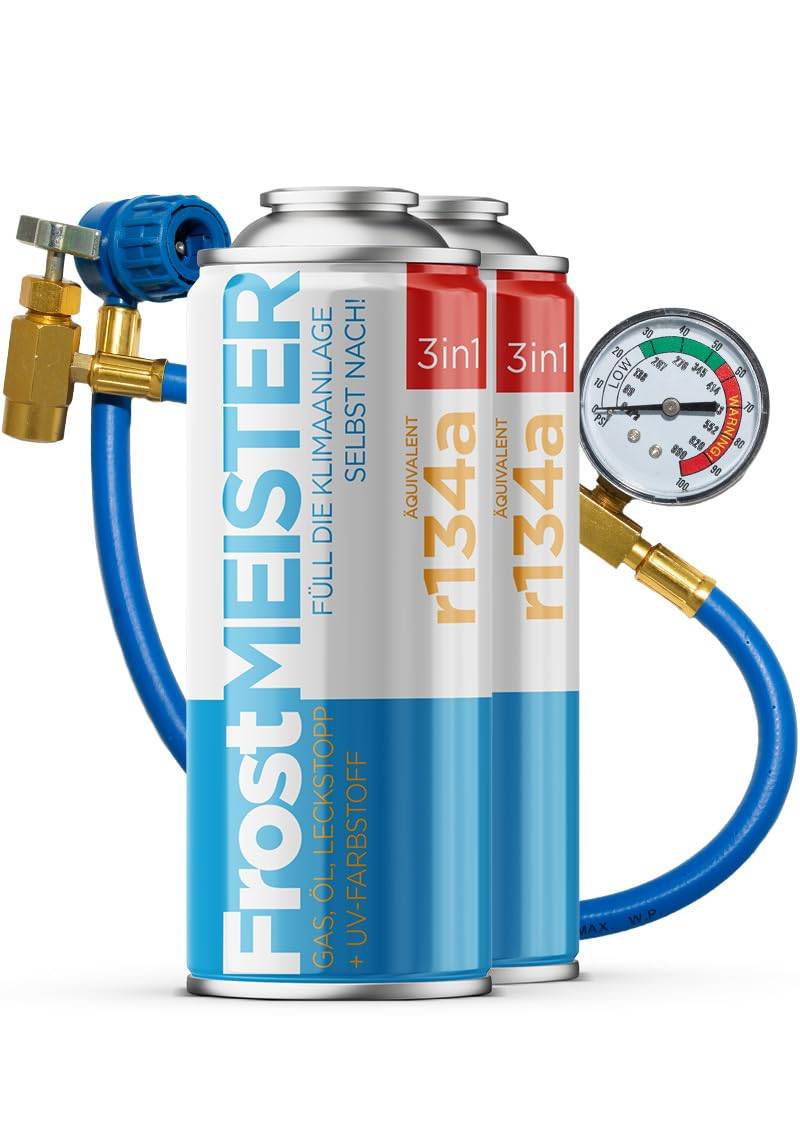 FrostMEISTER 3in1 – Auto-Klimaanlage Nachfüllset für R134a (1995–2016) – 2X 400 ml Dose & Schlauch mit Manometer – Ersatz für das Kältemittel, Öl & Dichtmittel – Schnelle & einfache Anwendung von FrostMEISTER