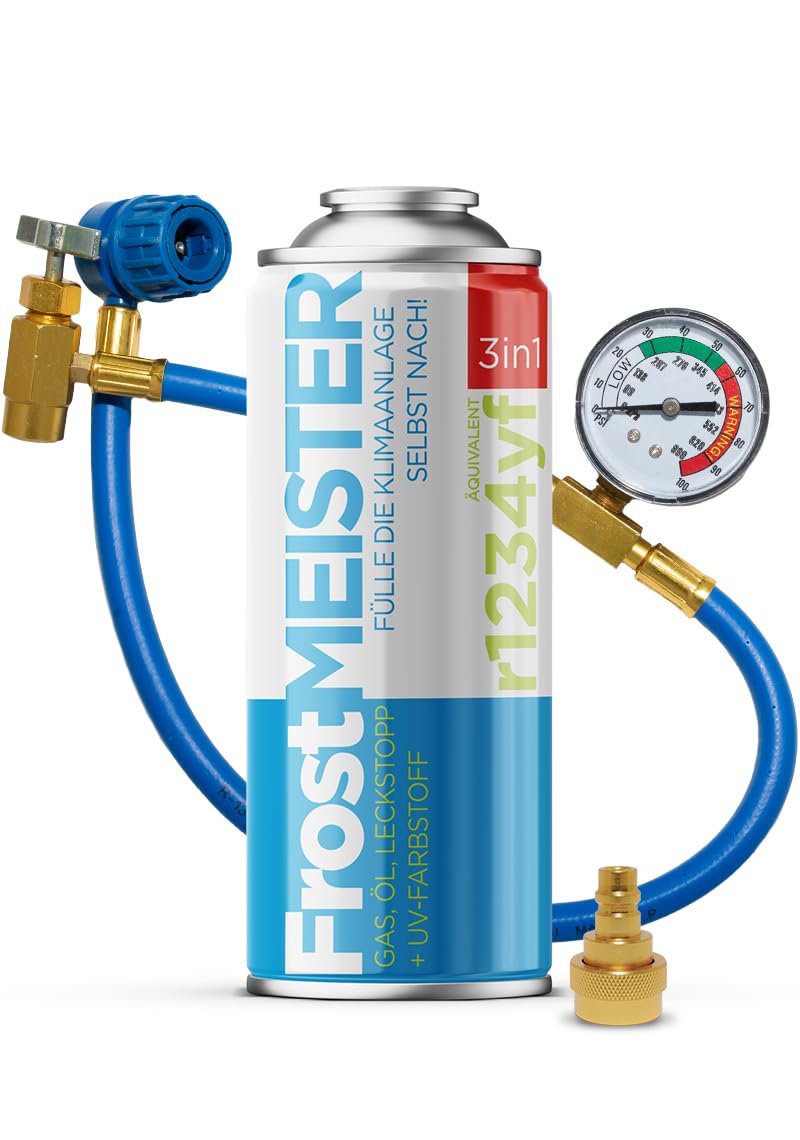 FrostMEISTER 3in1 – Auto-Klimaanlagen-Nachfüllset (1x 400 ml Dose + Schlauch mit Manometer & Adapter) – Ersatz für das Kältemittel, Kompressoröl & Dichtmittel für R1234yf (ab Baujahr 2017) von FrostMEISTER
