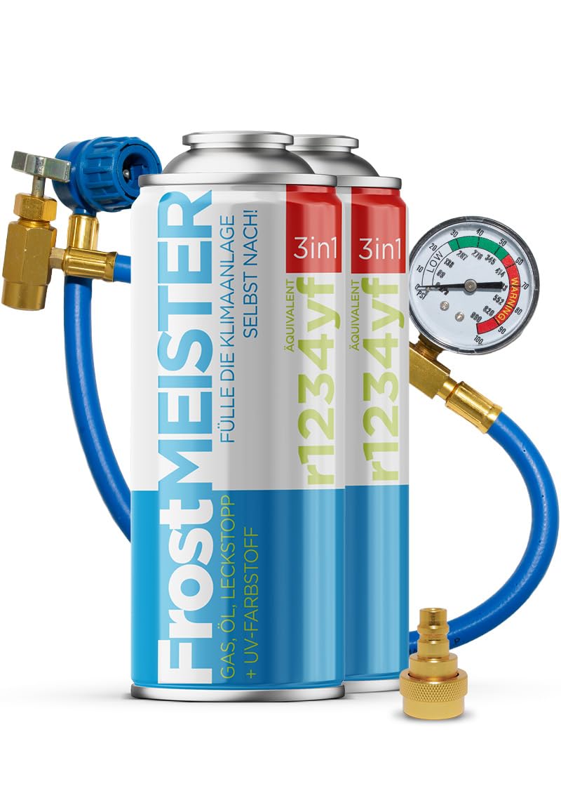 FrostMEISTER 3in1 – Auto-Klimaanlagen-Nachfüllset (2X 400 ml Dose + Schlauch mit Manometer & Adapter) – Ersatzkältemittel, Kompressoröl & Dichtmittel für R1234yf (ab Baujahr 2017) von FrostMEISTER