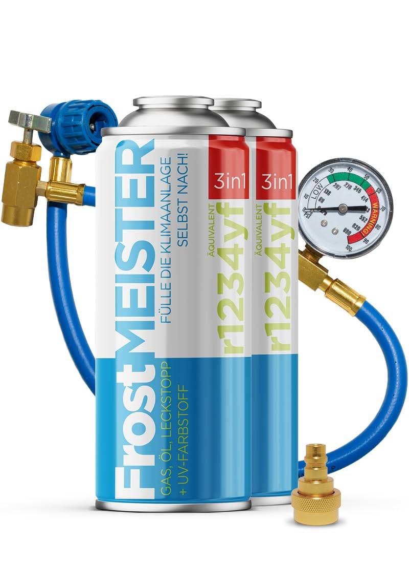 FrostMEISTER 3in1 – Auto-Klimaanlagen-Nachfüllset (2X 400 ml Dose + Schlauch mit Manometer & Adapter) – Ersatzkältemittel, Kompressoröl & Dichtmittel für R1234yf (ab Baujahr 2017) von FrostMEISTER