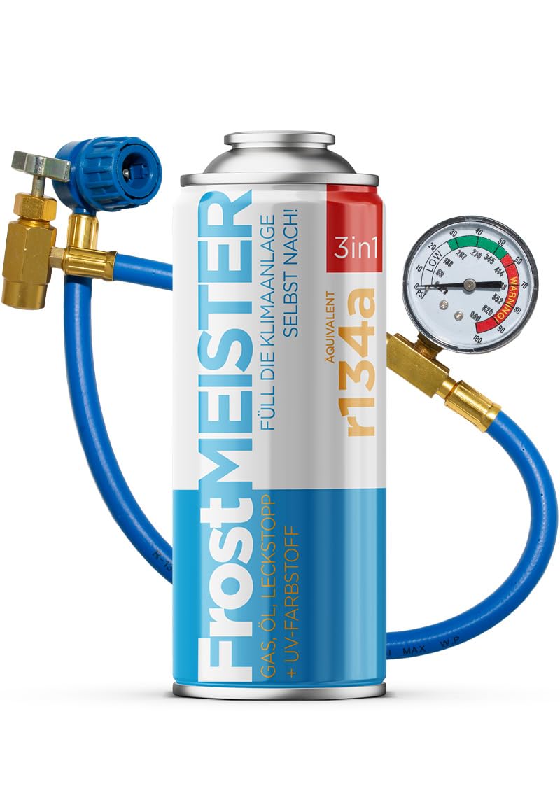 FrostMEISTER 3in1 – Komplettes Nachfüllset für Auto-Klimaanlagen (400 ml + Manometer-Schlauch) – Enthält Gasersatz, Kompressoröl & Dichtmittel für schnelles, sicheres AC-Upgrade (R134a, 1995–2016) von FrostMEISTER