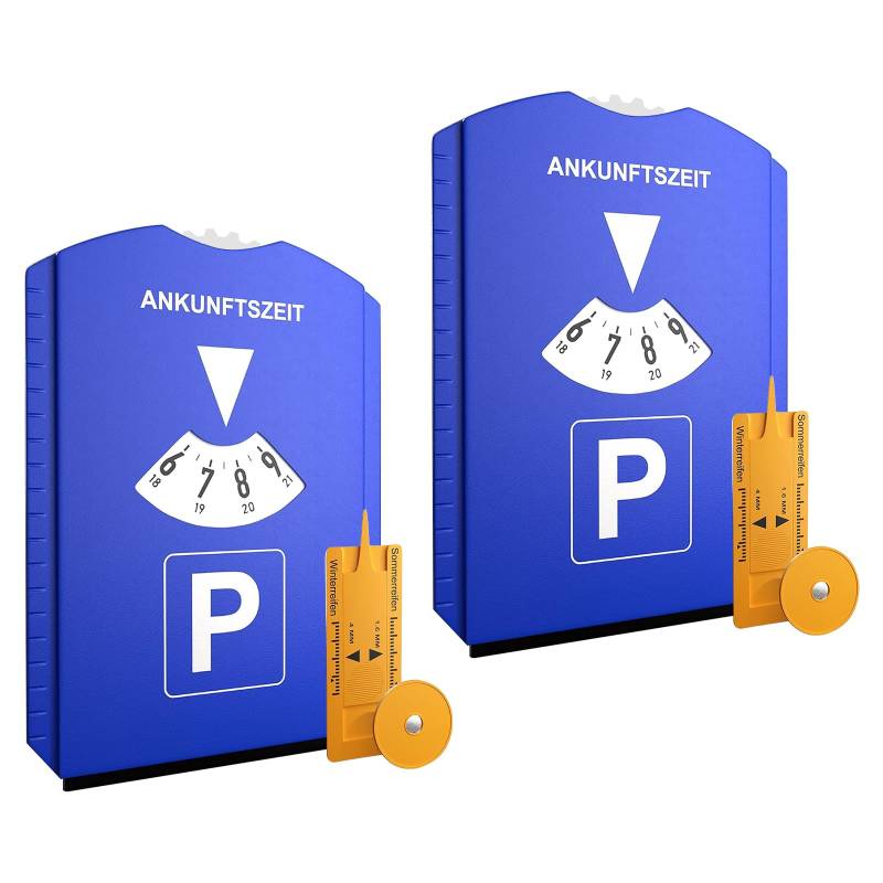 Fryvokca Parkscheibe, 2 Stücke Digitale Parkscheibe mit Eiskratzer, Parkuhr Inkl. Reifenprofilmesser und Einkaufswagenchip, Parkscheiben für Auto und Motorrad von Fryvokca