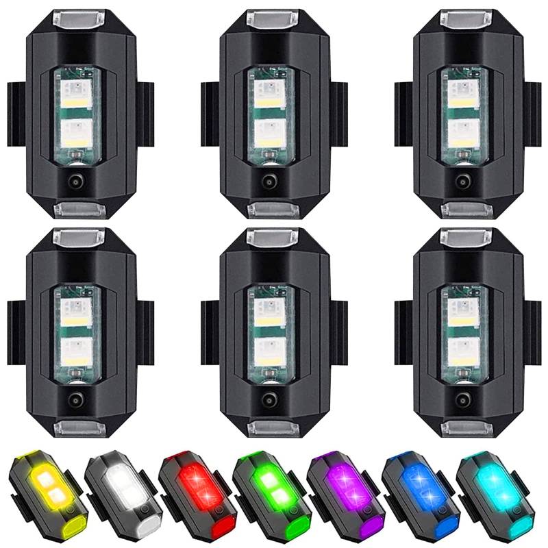 Funmo 6 Stück Strobe Drone Light, 7 Farben Led Aircraft Strobe Lights USB Charging Blitzlichter Drone Night Light Mini-Drohnen-Blitzlichter für Motorrad, RC-Auto, RC-Boot, Drohne von Funmo