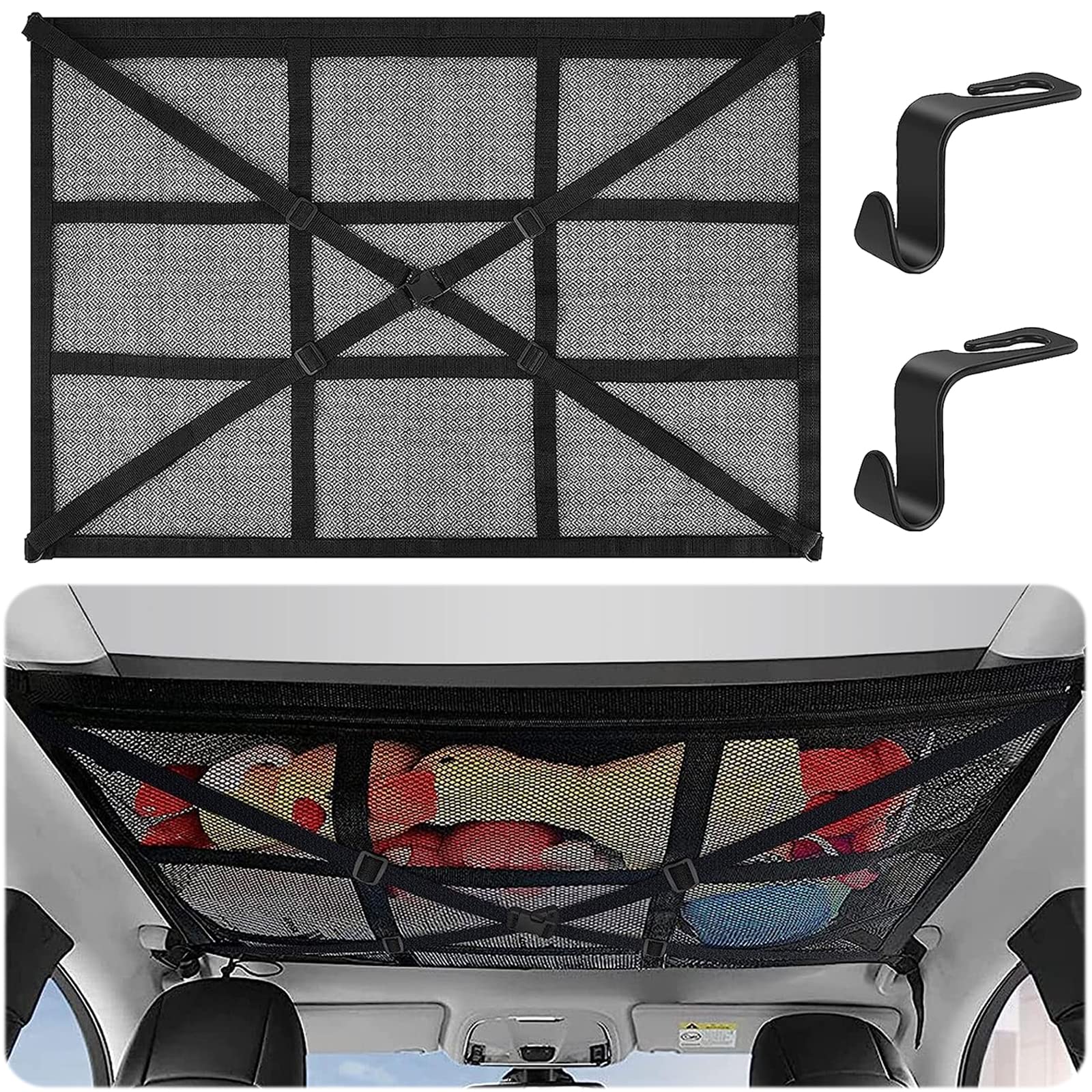 Funmo Gepäcknetz Autodach,Auto Aufbewahrung Cargo Netz Organizer Decke Auto Netztasche mit 2 Haken Universal , Vier Dach Armlehnen,SUV, Jeep, Van von Funmo