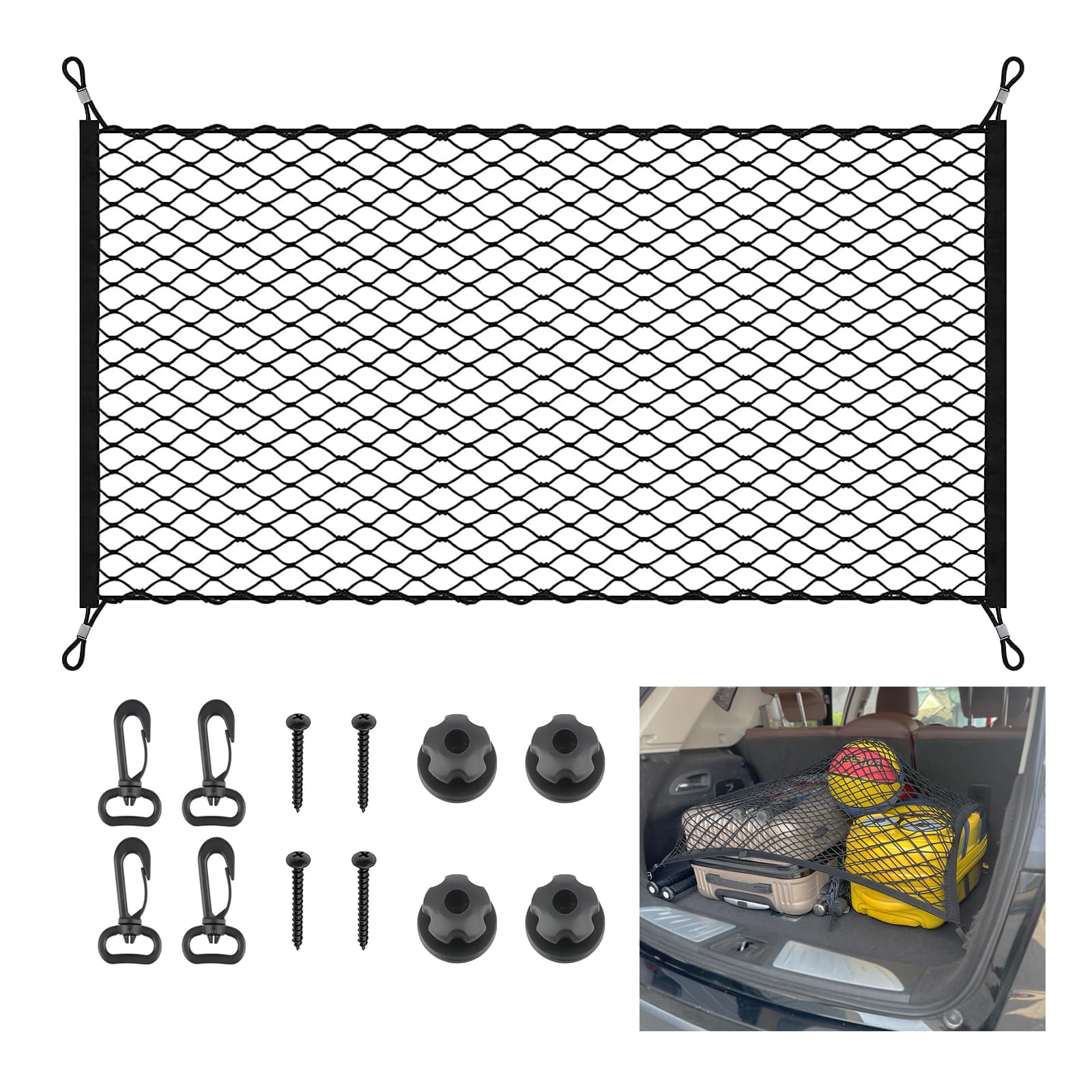 Funmo Kofferraumnetz Gepäcknetz 110x60cm Aufbewahrung Gepäcknetz Organizer Netz Mit 4 Stahlkarabiner+4 ABS Haken, Elastischer Rand hält Lasten Fester für Kofferraum Autodach Gepäcknetz Schwarz von Funmo
