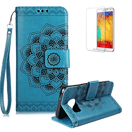 Gurt Lederhülle für Samsung Galaxy S6,Flip PU Leder Brieftasche für Samsung Galaxy S6,Funyye Klassisch Jahrgang [Blau Mandala Blume Muster] Tasche Handy Case Schutz Hüllen im Bookstyle Handyhülle Ledertasche mit Stand Funktion Kartenfächer Magnetverschluss Magnet Etui Schale Schutzhüllen Handytasche für Samsung Galaxy S6 + 1 x Frei Displayschutzfolie von Funyye